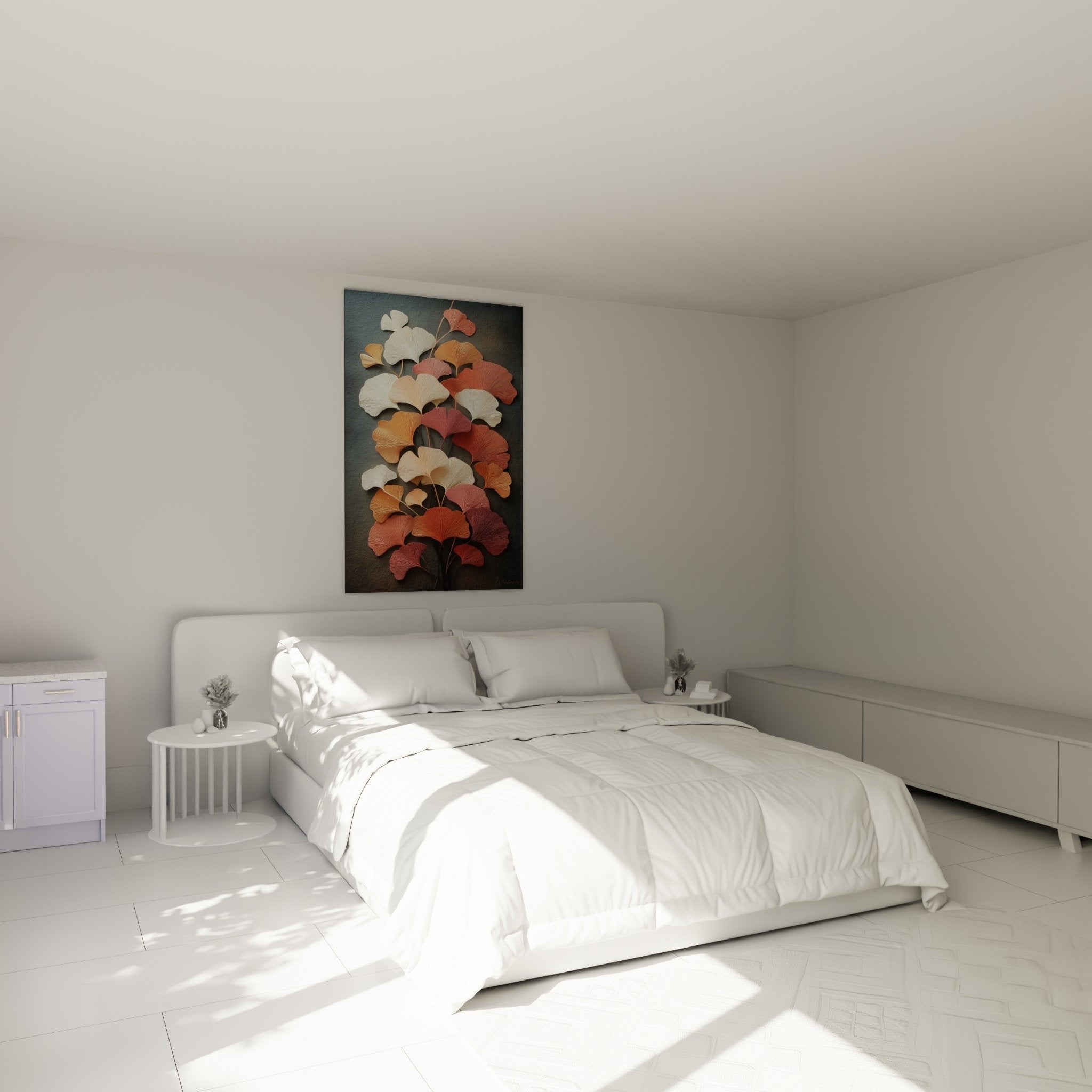 Tableau Ginkgo relief tons chauds dans chambre moderne mur blanc decoration murale botanique automnale