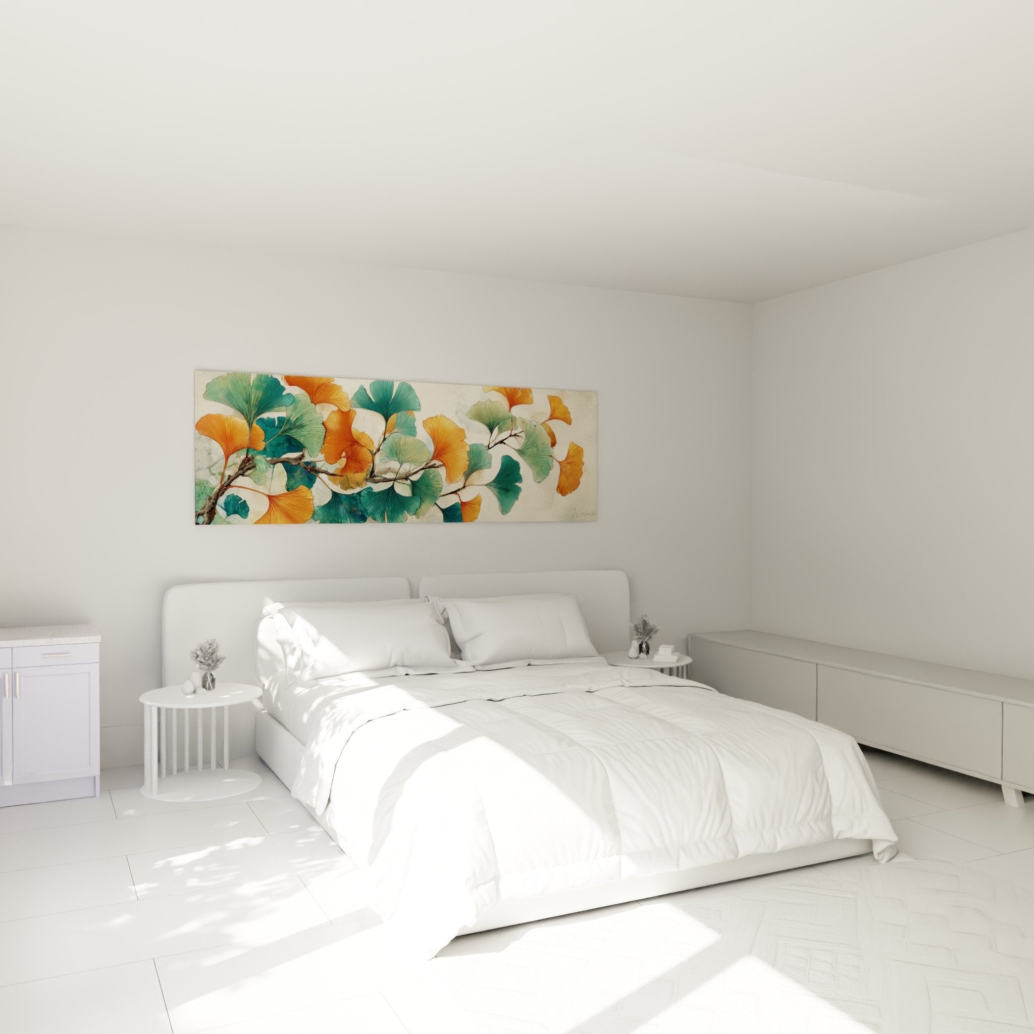 Tableau ginkgo turquoise orange dans chambre moderne mur blanc décoration élégante