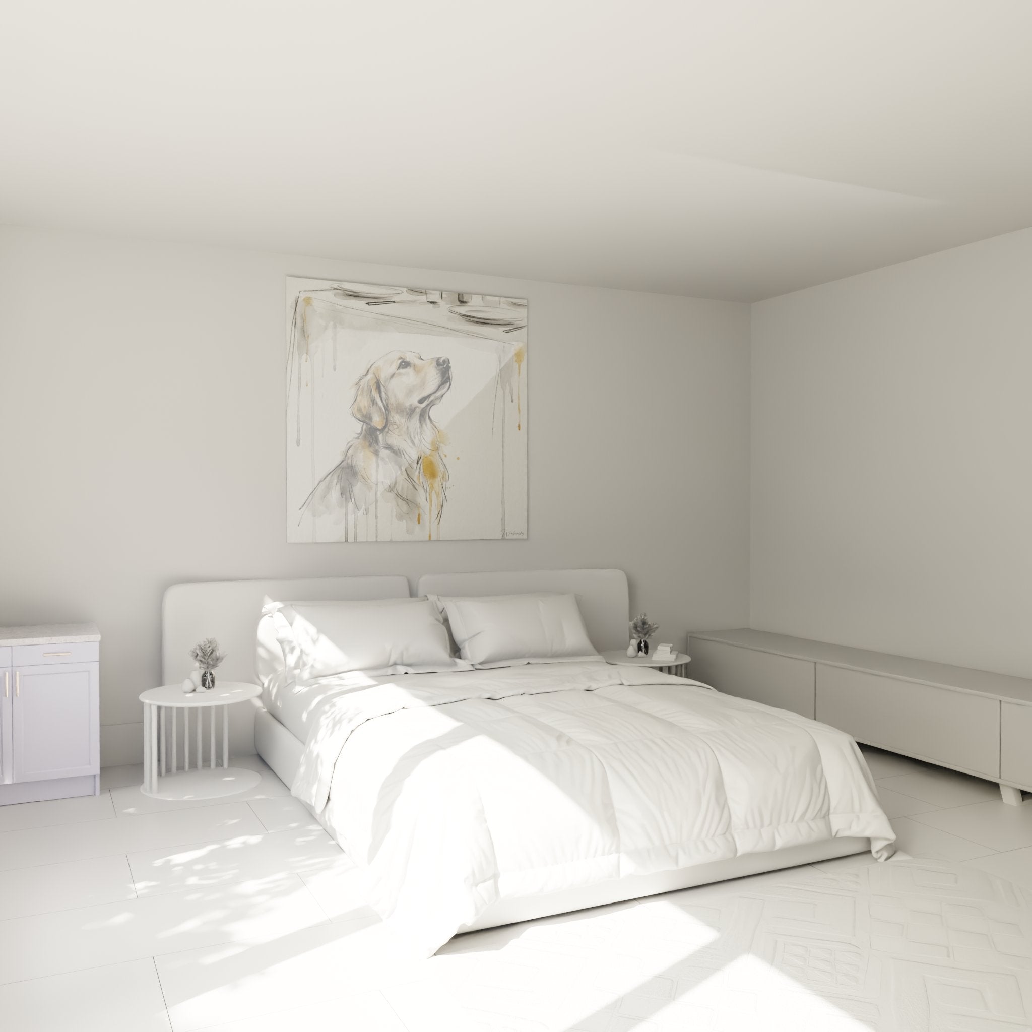 Portrait Golden Retriever aquarelle dans chambre moderne, decoration murale animale tons chauds