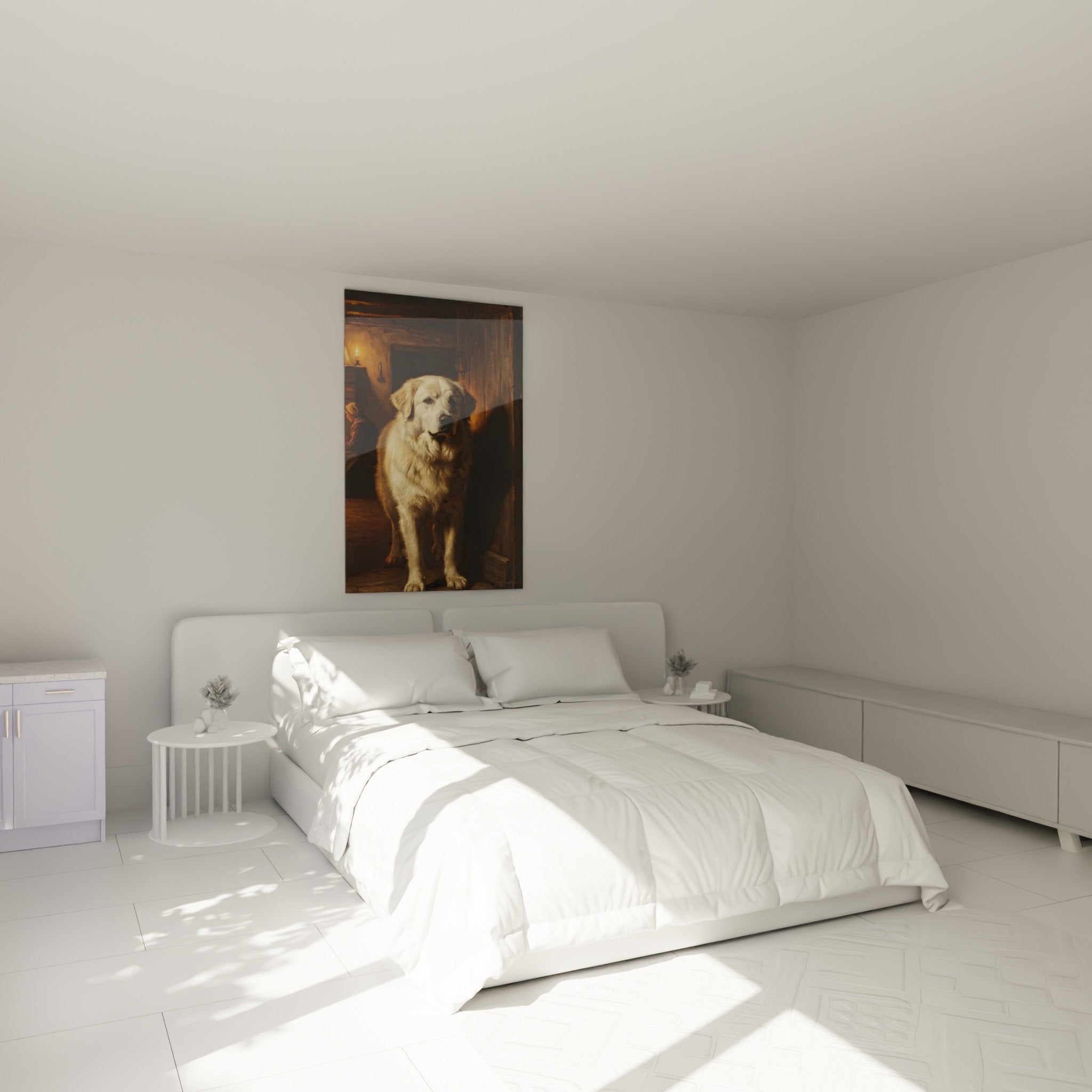 Golden Retriever peinture dans chambre décoration murale chaleureuse tons cuivre