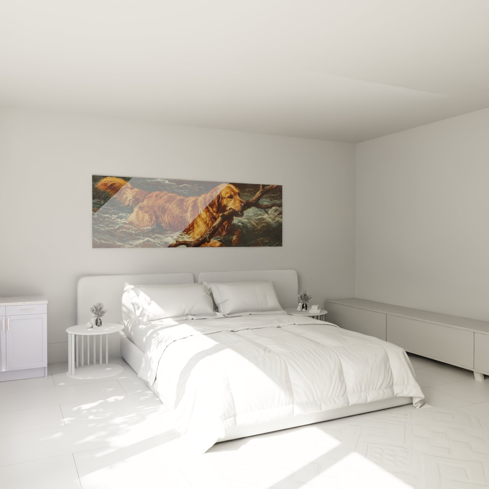 Golden retriever courageux dans les flots décorant élégamment une chambre aux tons neutres et chaleureux