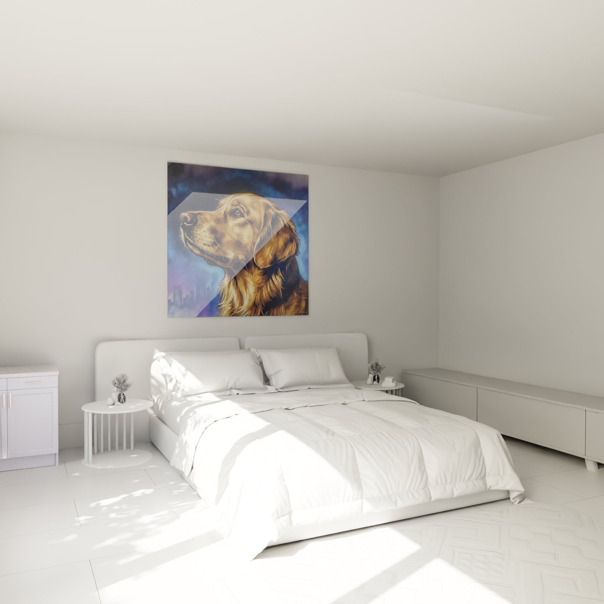Quadro Golden Retriever dorato in camera moderna con decorazione accogliente