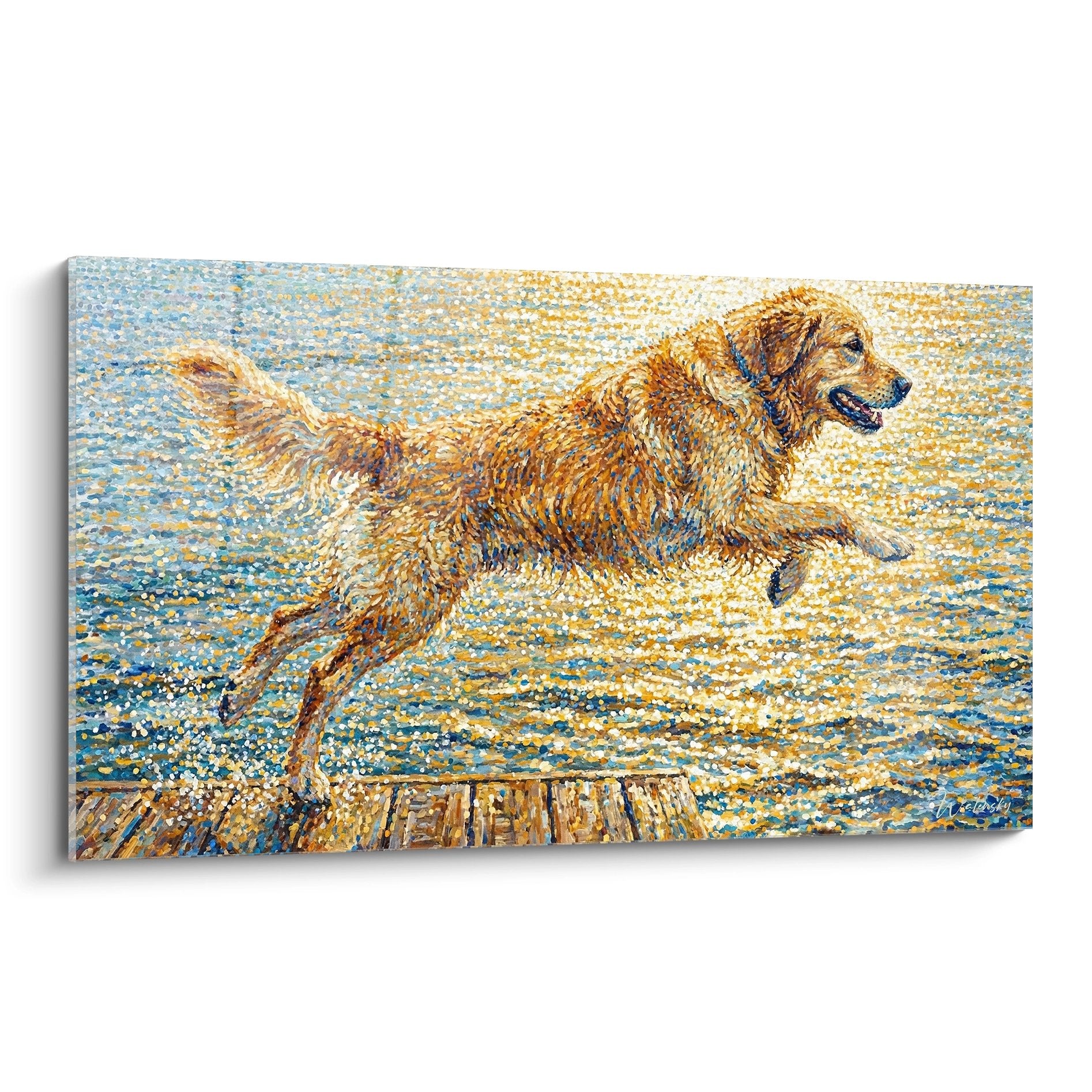 Golden Retriever springt ins golden schimmernde Wasser, Spritzer, warmes Licht, künstlerisches Gemälde, Bewegung