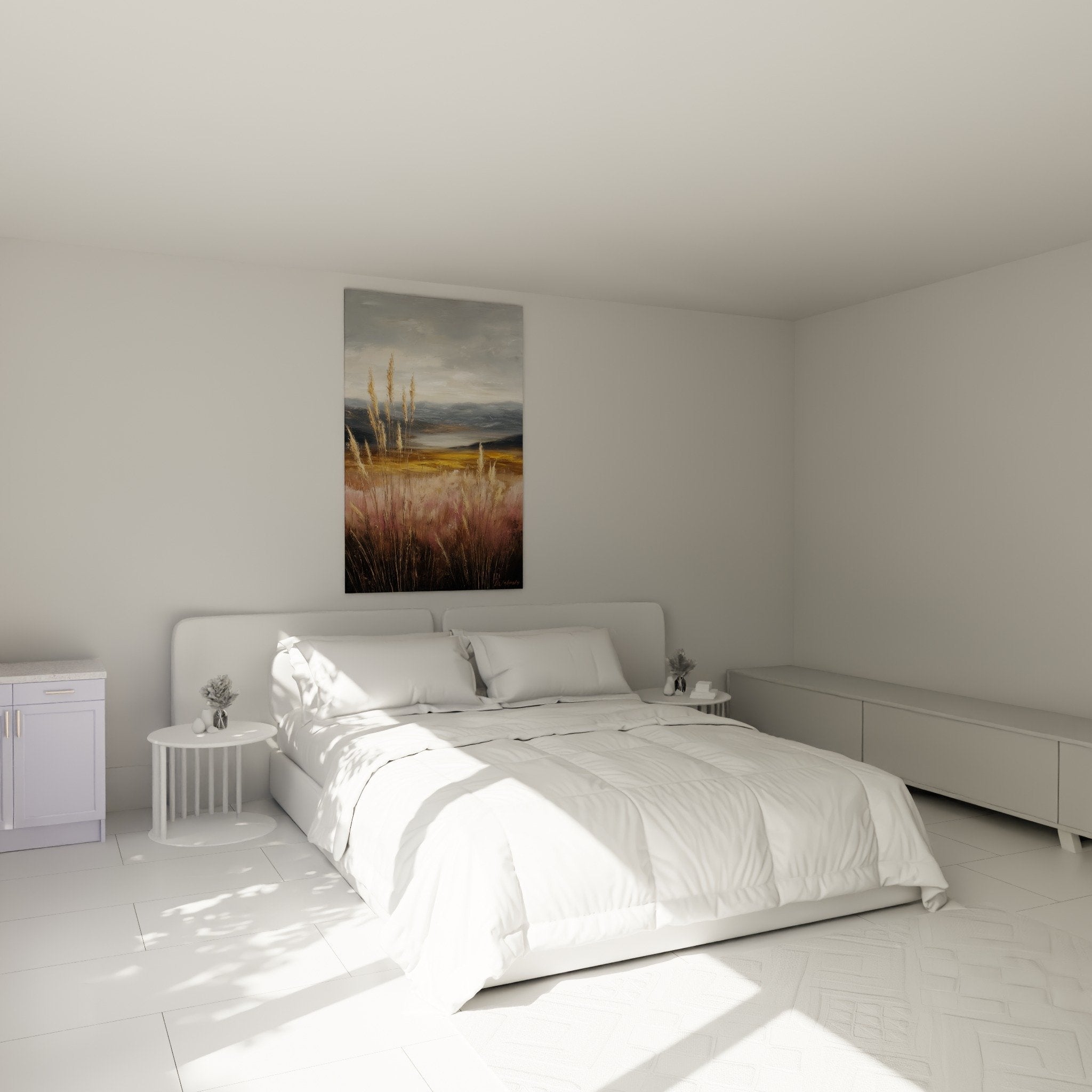 Autumn grasses wall art in natural-toned bedroom with light wood furniture