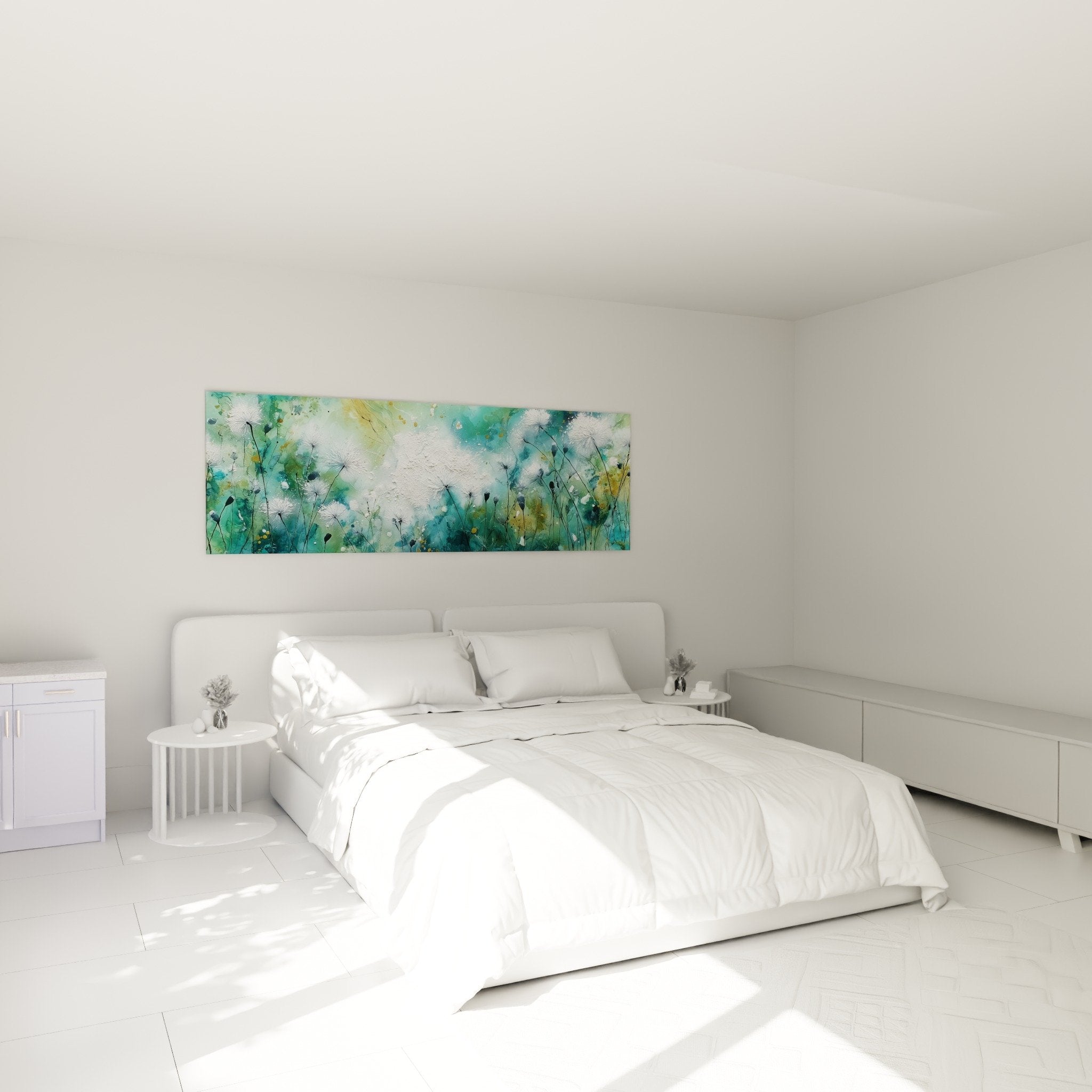 Tableau graminées blanches turquoise décorant une chambre moderne au-dessus du lit ambiance naturelle zen