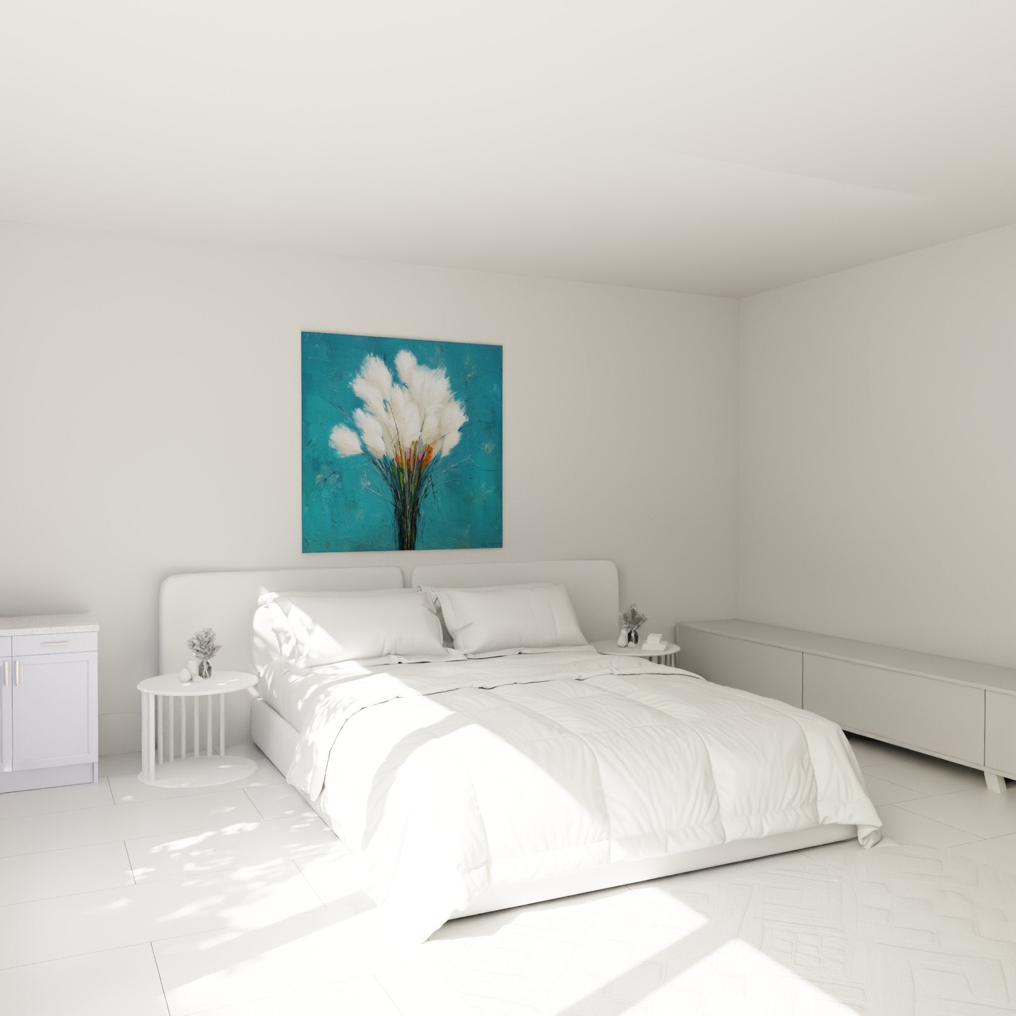 White grass wall art in modern bedroom zen atmosphere soothing wall decoration