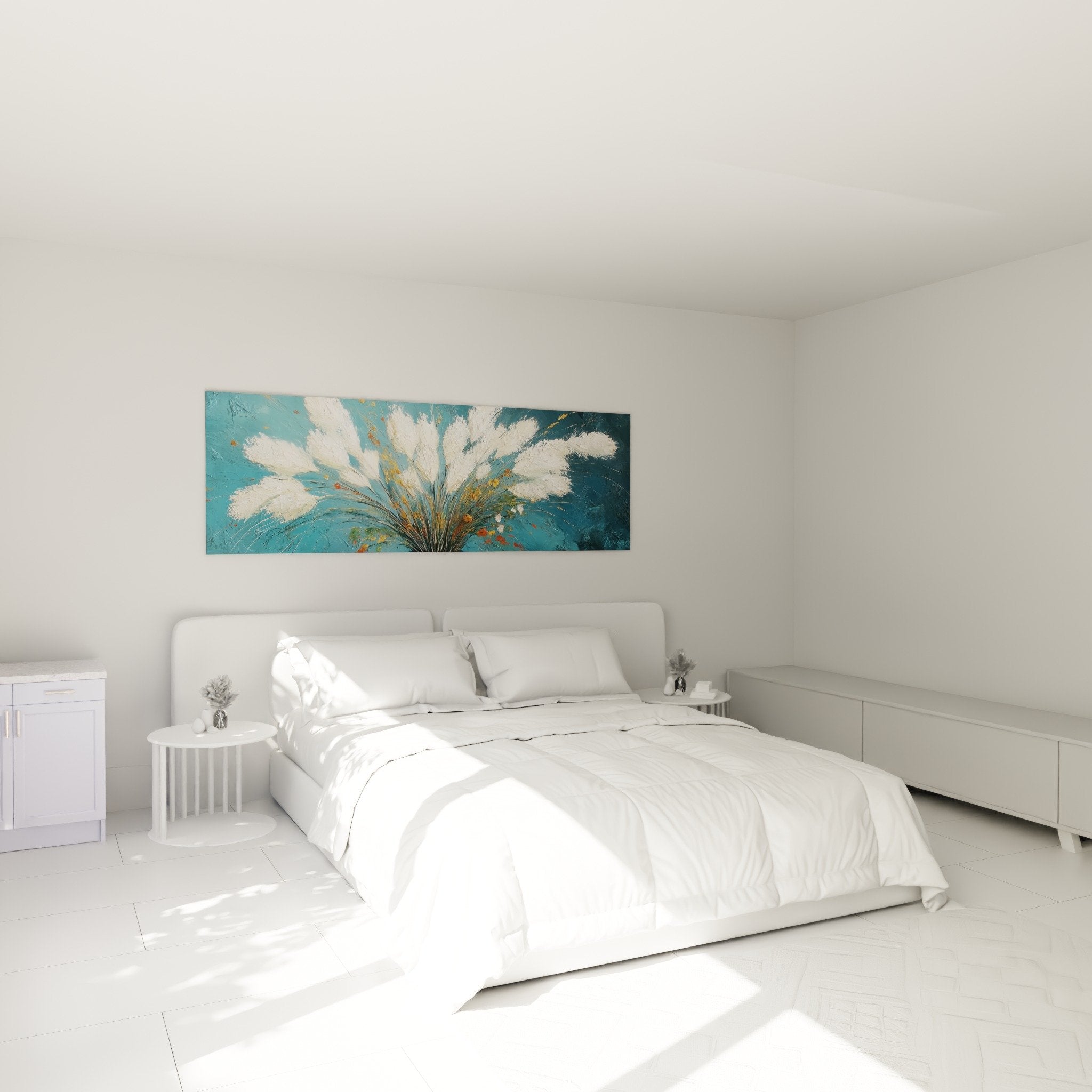 Tableau graminées blanches turquoise dans chambre moderne ambiance zen décoration murale apaisante