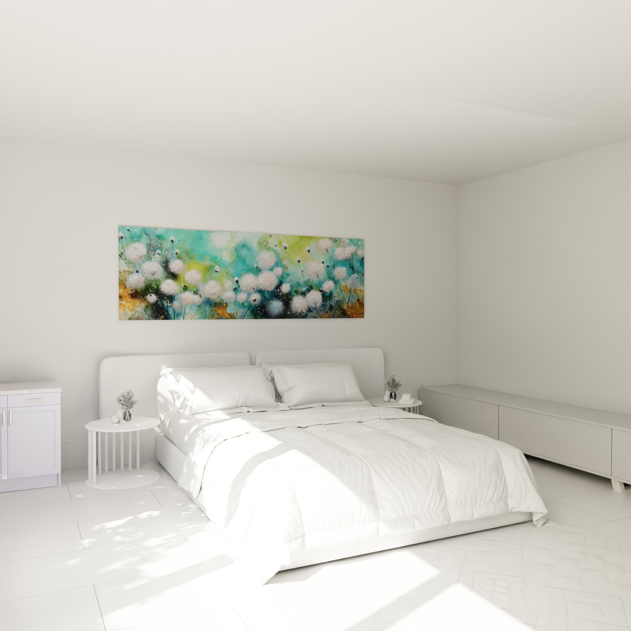 Tableau graminées turquoise et blanc dans chambre moderne, ambiance apaisante et naturelle pour décoration murale