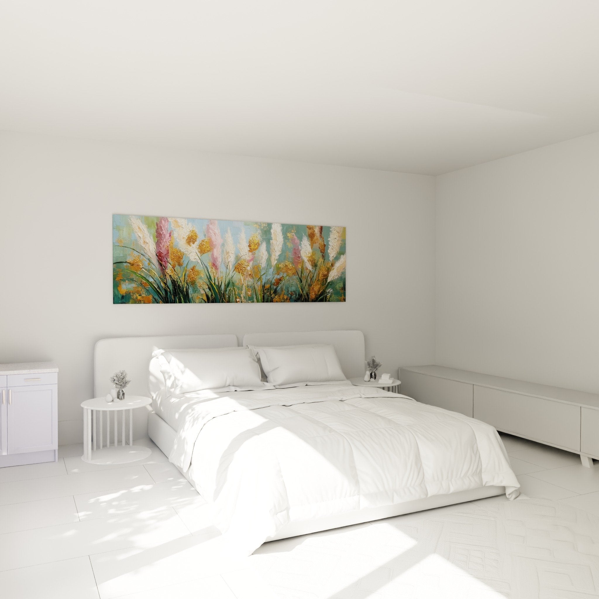 Grass artwork with pastel and gold tones in modern bedroom with zen and soothing atmosphere
