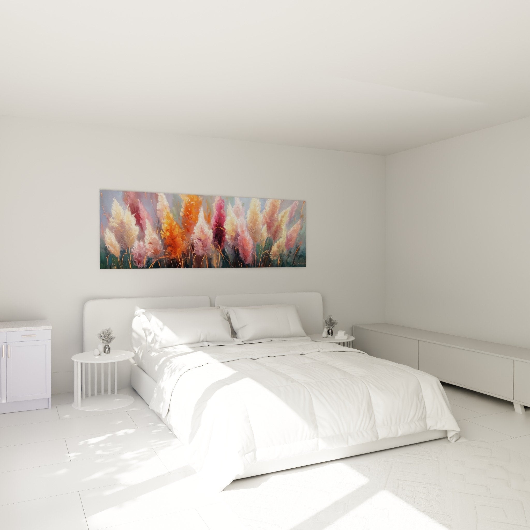 Colorful grasses wall art above bed bedroom natural decoration warm orange pink tones