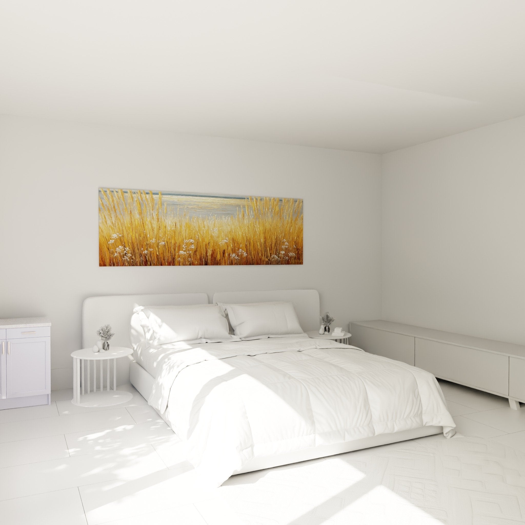 tableau graminées dorées chambre decoration murale herbes sauvages fleurs blanches ambiance apaisante