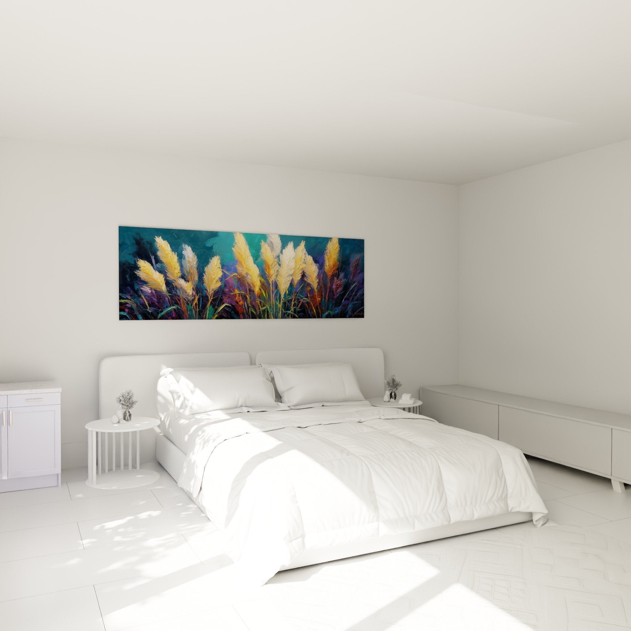Tableau graminées chambre plumes dorées mur blanc décoration nature élégante ambiance apaisante