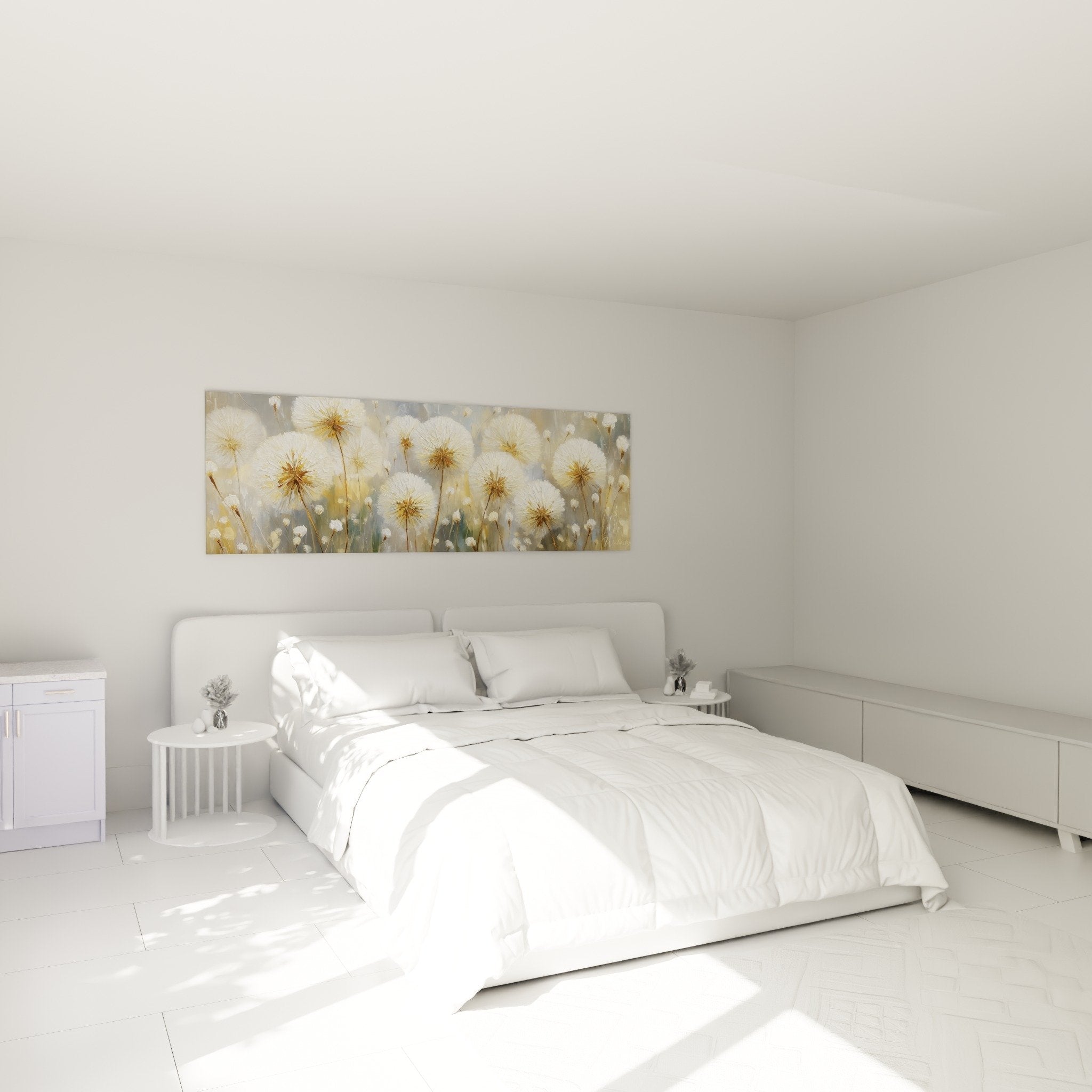 Tableau graminées dorées dans chambre moderne - ambiance apaisante et naturelle avec tons chauds