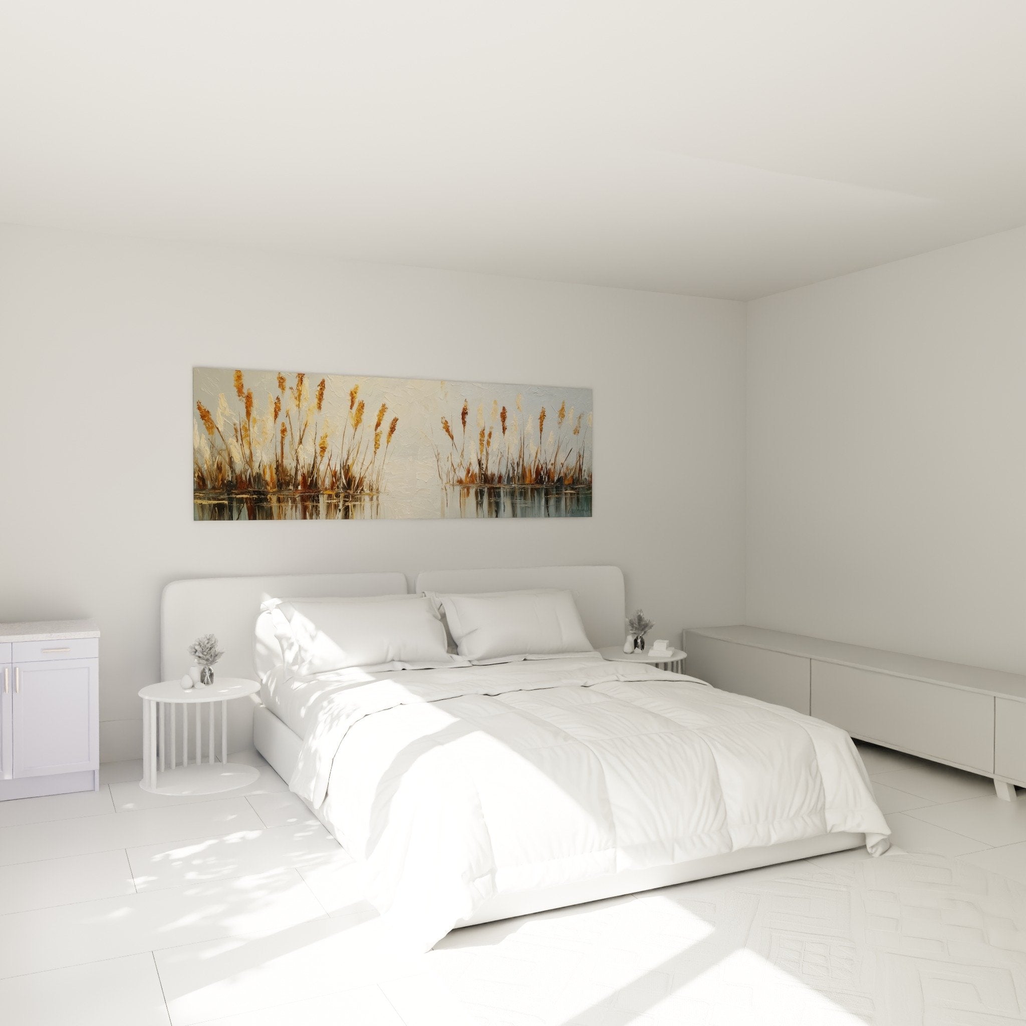 Tableau graminées dorées dans chambre moderne mur blanc decoration naturelle apaisante