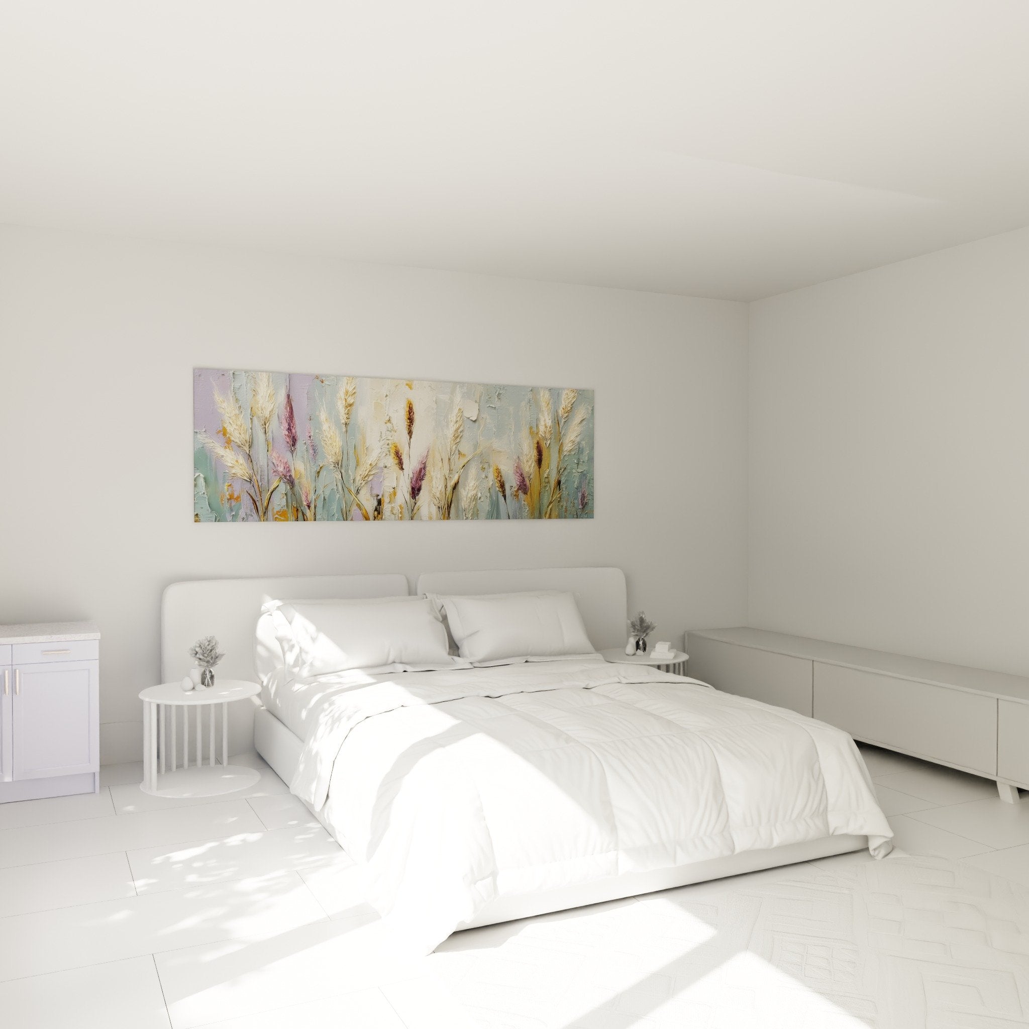 Tableau épis graminées tons dorés violets au-dessus lit chambre décoration murale apaisante nature champêtre