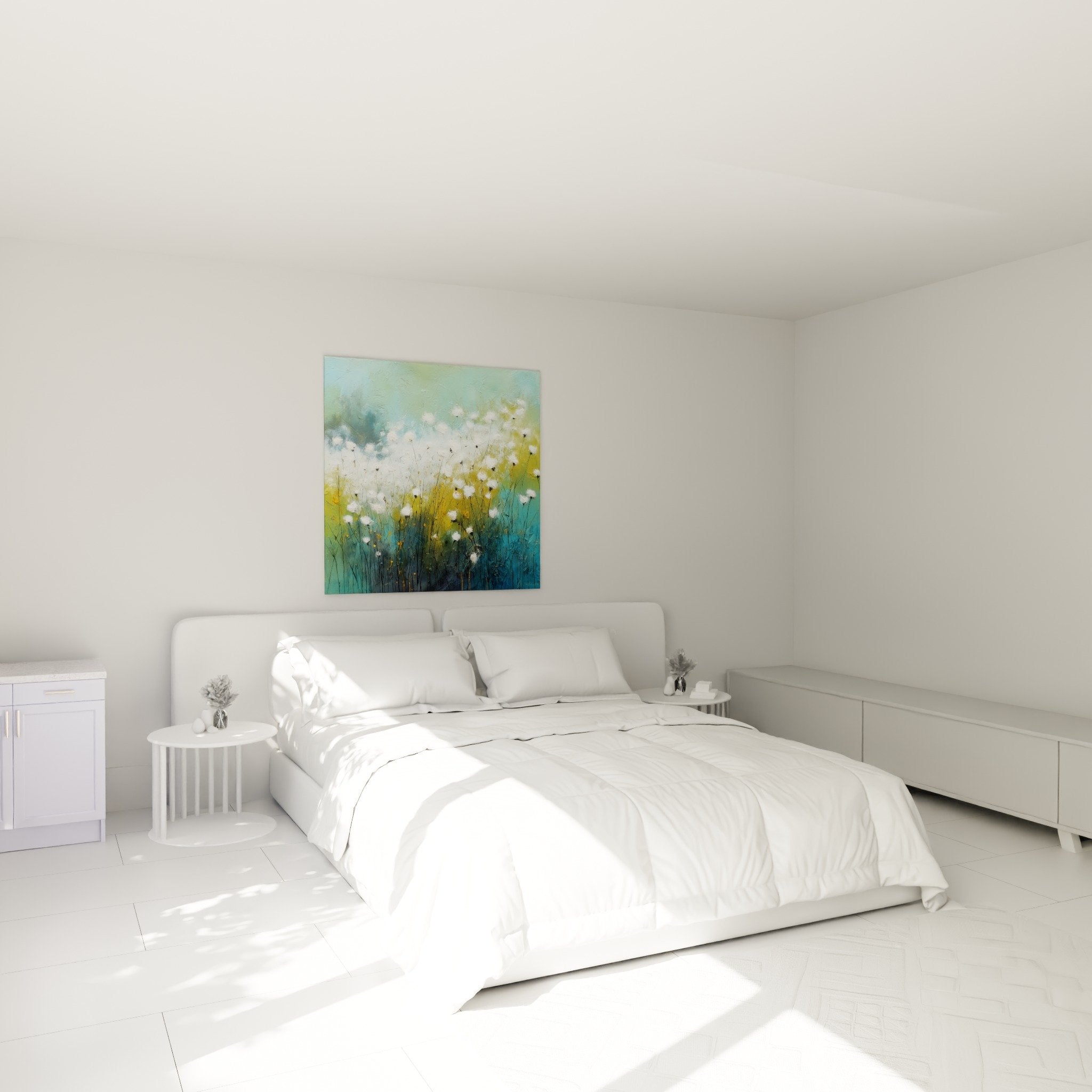 Tableau graminées fleuries blanches chambre décoration murale style impressionniste tons bleus apaisants