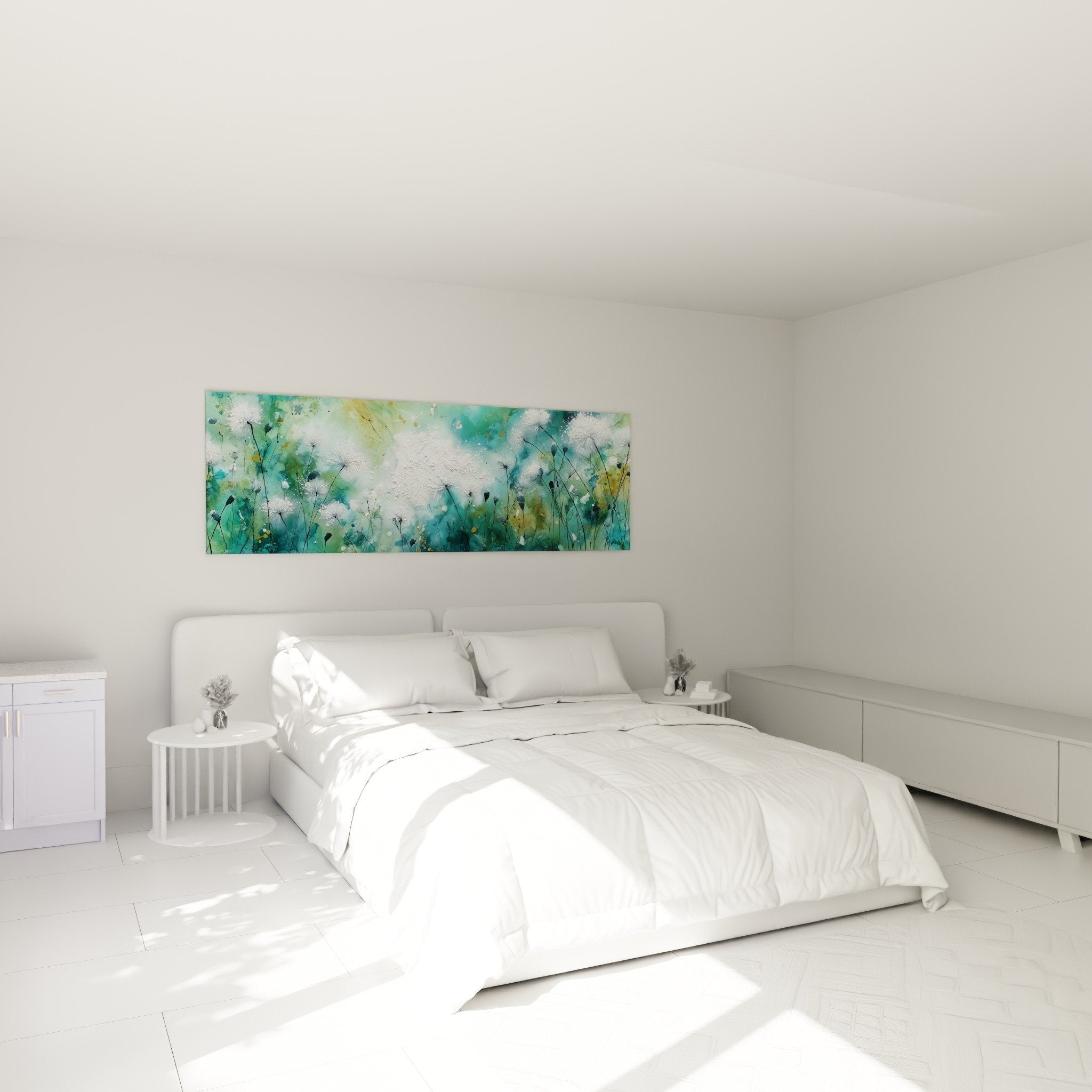 Tableau graminées aigrettes blanches format panoramique au-dessus tête de lit chambre moderne
