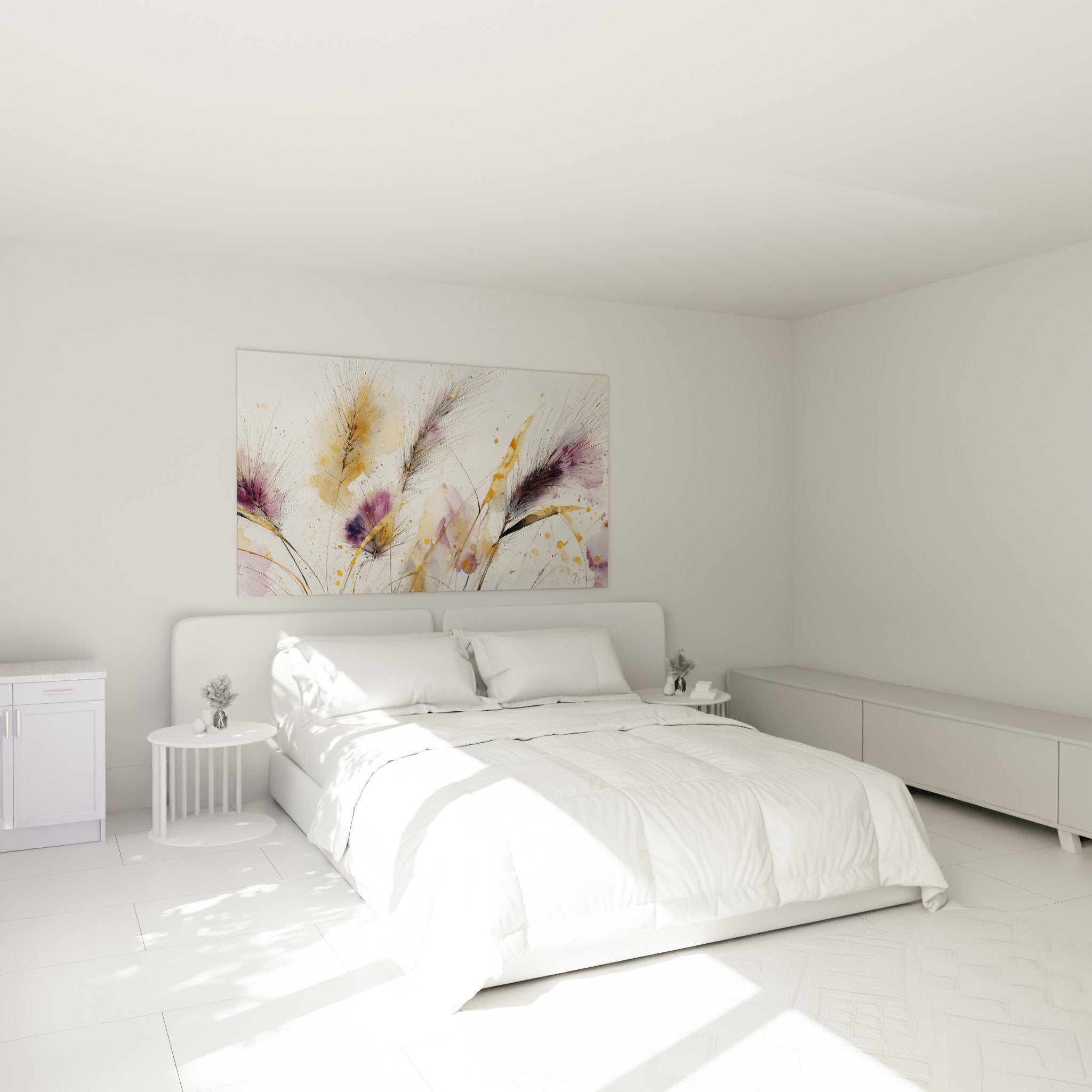 Aquarell Gräser in Violett- und Goldtönen im modernen Schlafzimmer, natürliche Wanddekoration
