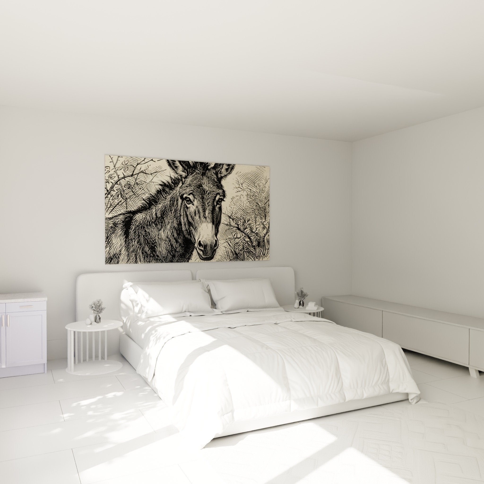 Porträt Esel Stich Schwarzweiß dekoriert Schlafzimmer rustikale authentische Atmosphäre an beiger Wand