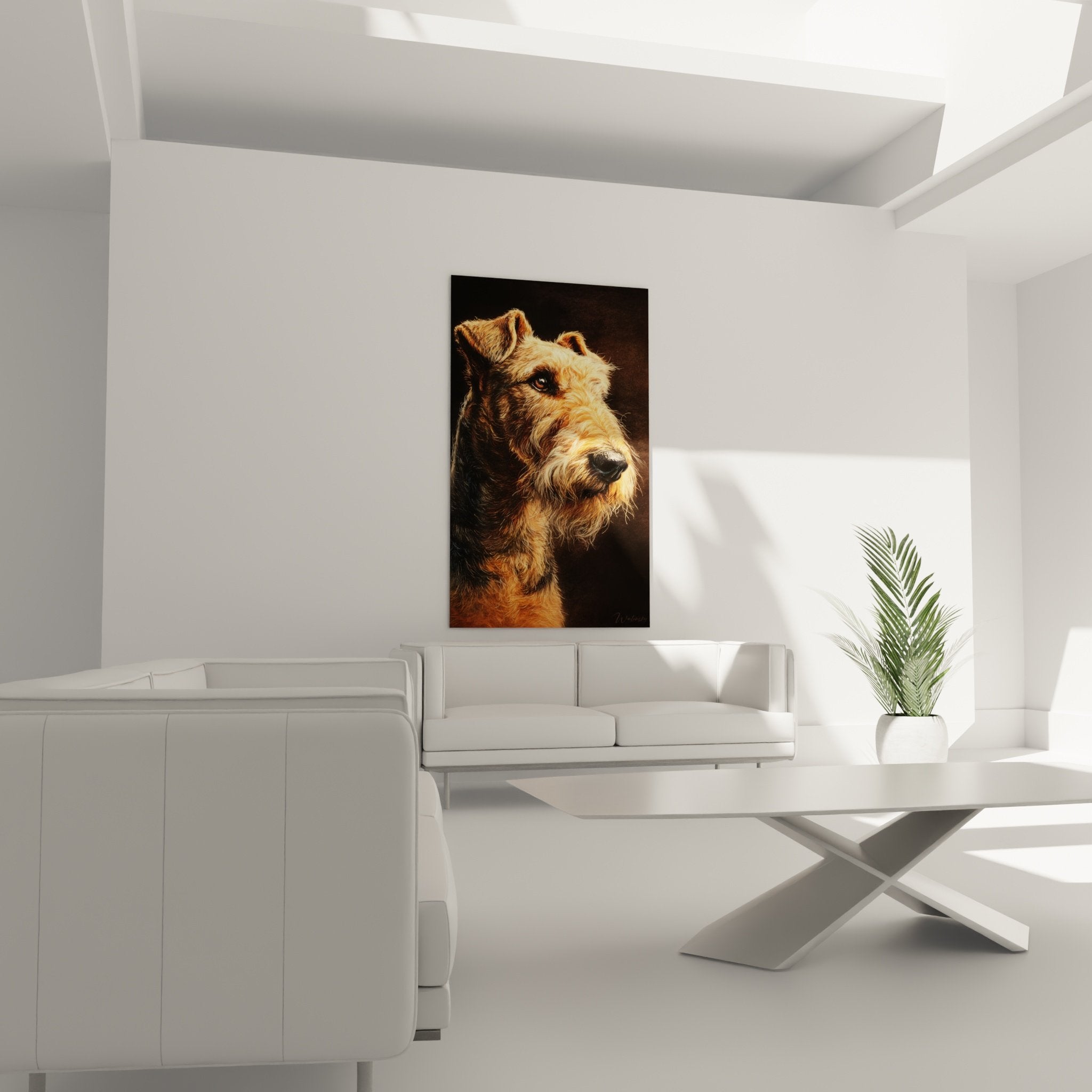 Gros plan portrait Airedale Terrier, details pelage fauve et yeux ambres expressifs, peinture realiste