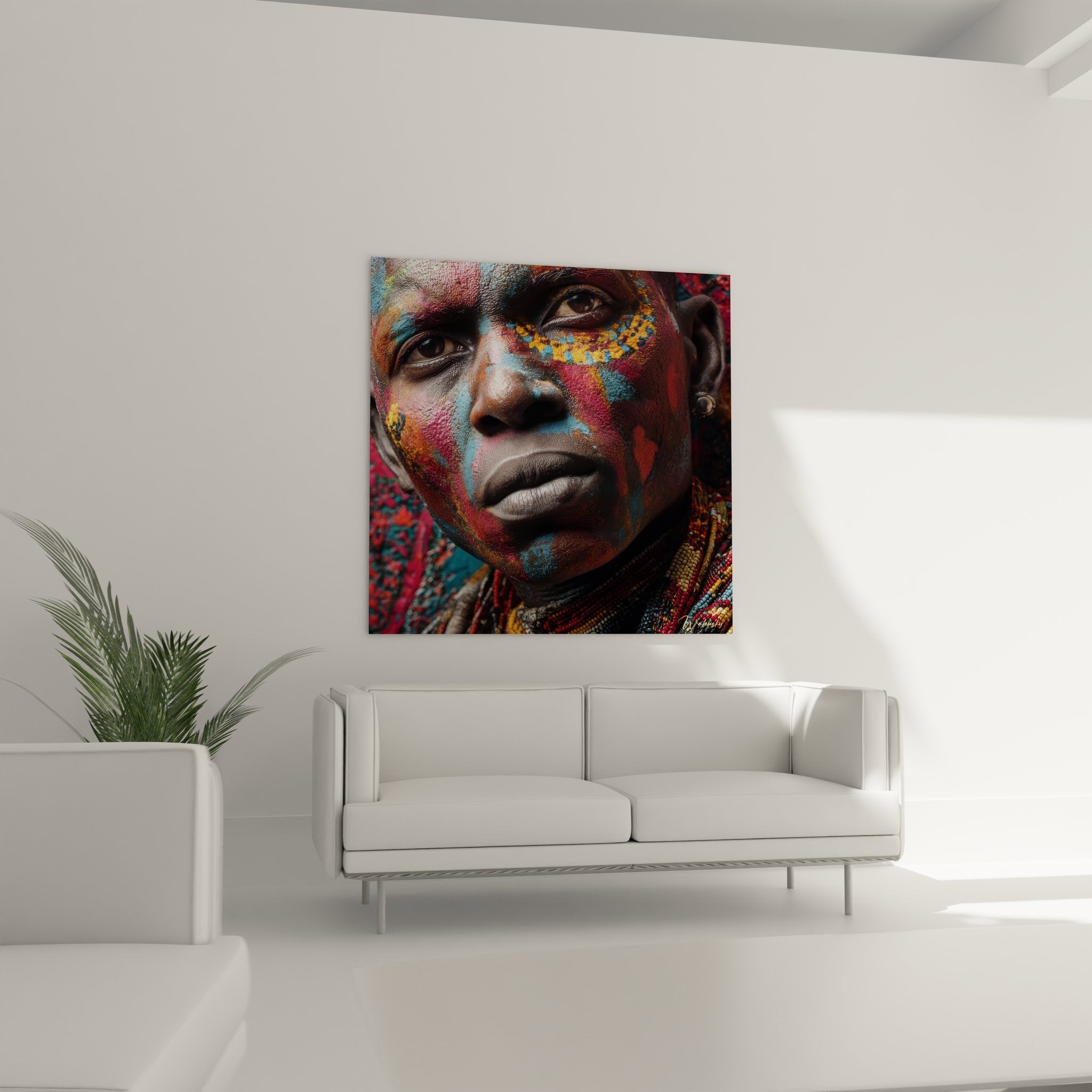 Nahaufnahme afrikanisches Kunstgemälde Frau farbenfrohe Stammesmalereien, Details geometrische Muster