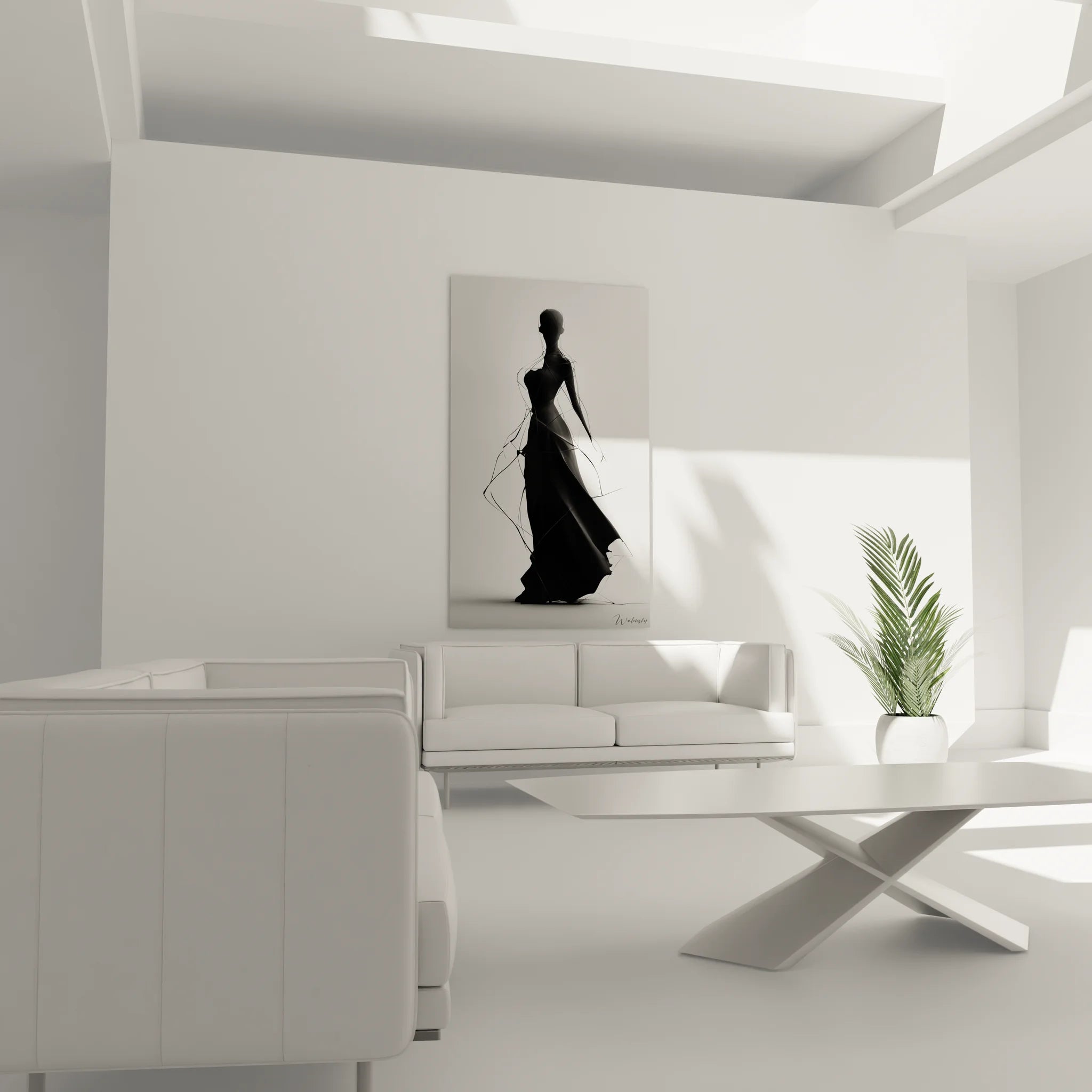 Gros plan tableau art moderne femme silhouette géométrique noir blanc détails