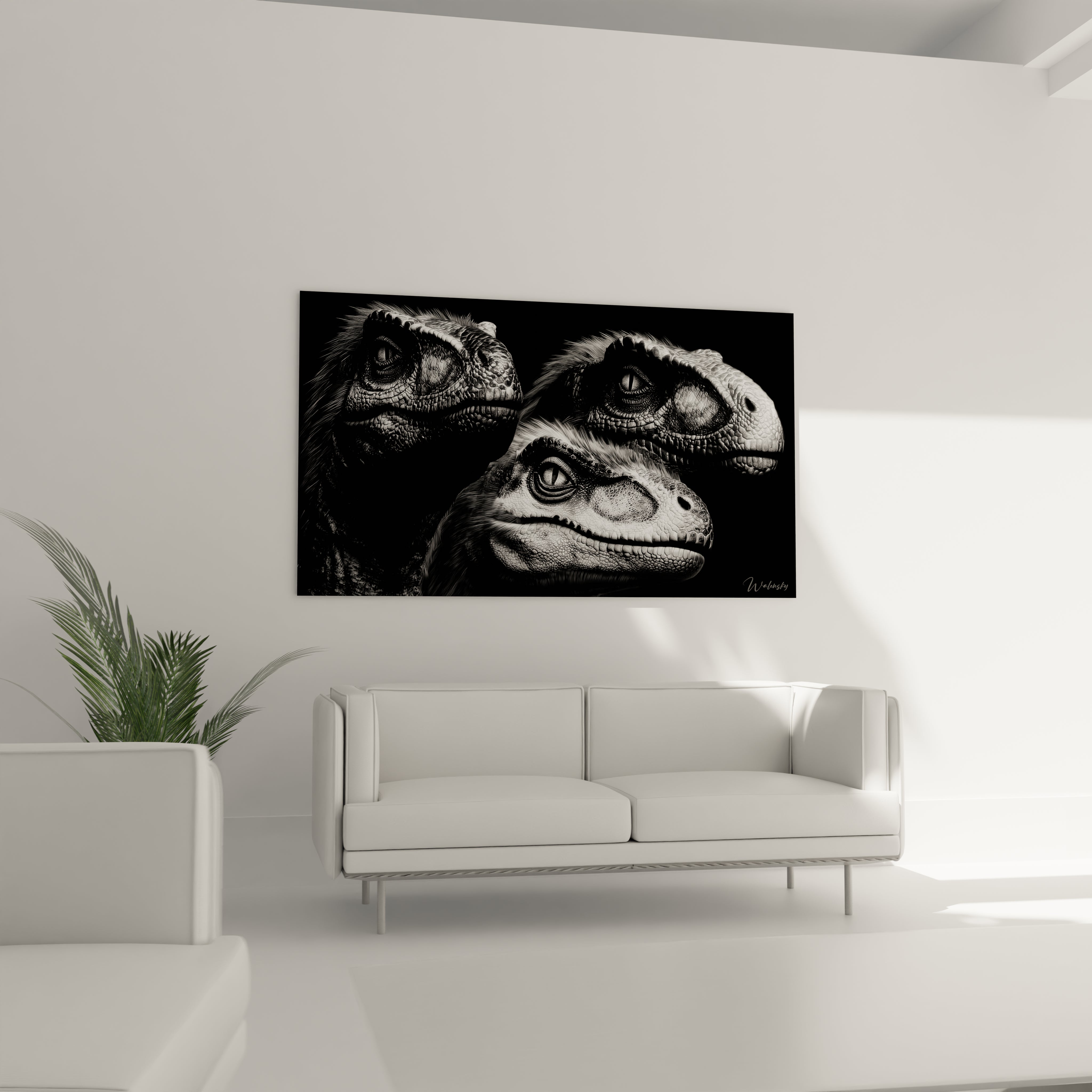 Gros plan artwork dinosaure rapace écailles détaillées art mural