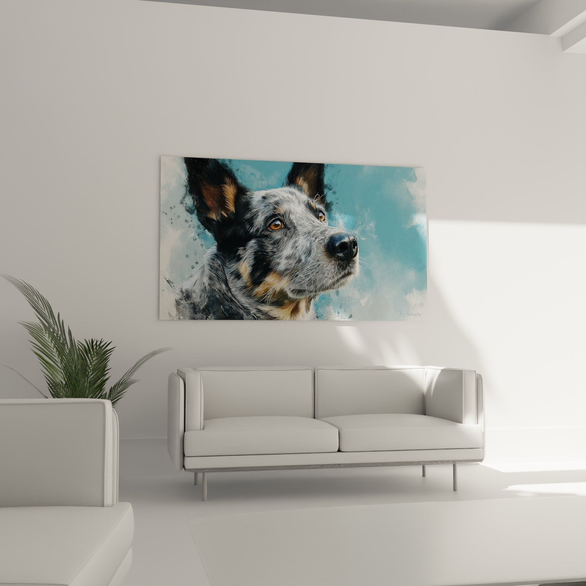 Gros plan tableau Australian Cattle Dog yeux ambre pelage gris details peinture bleue