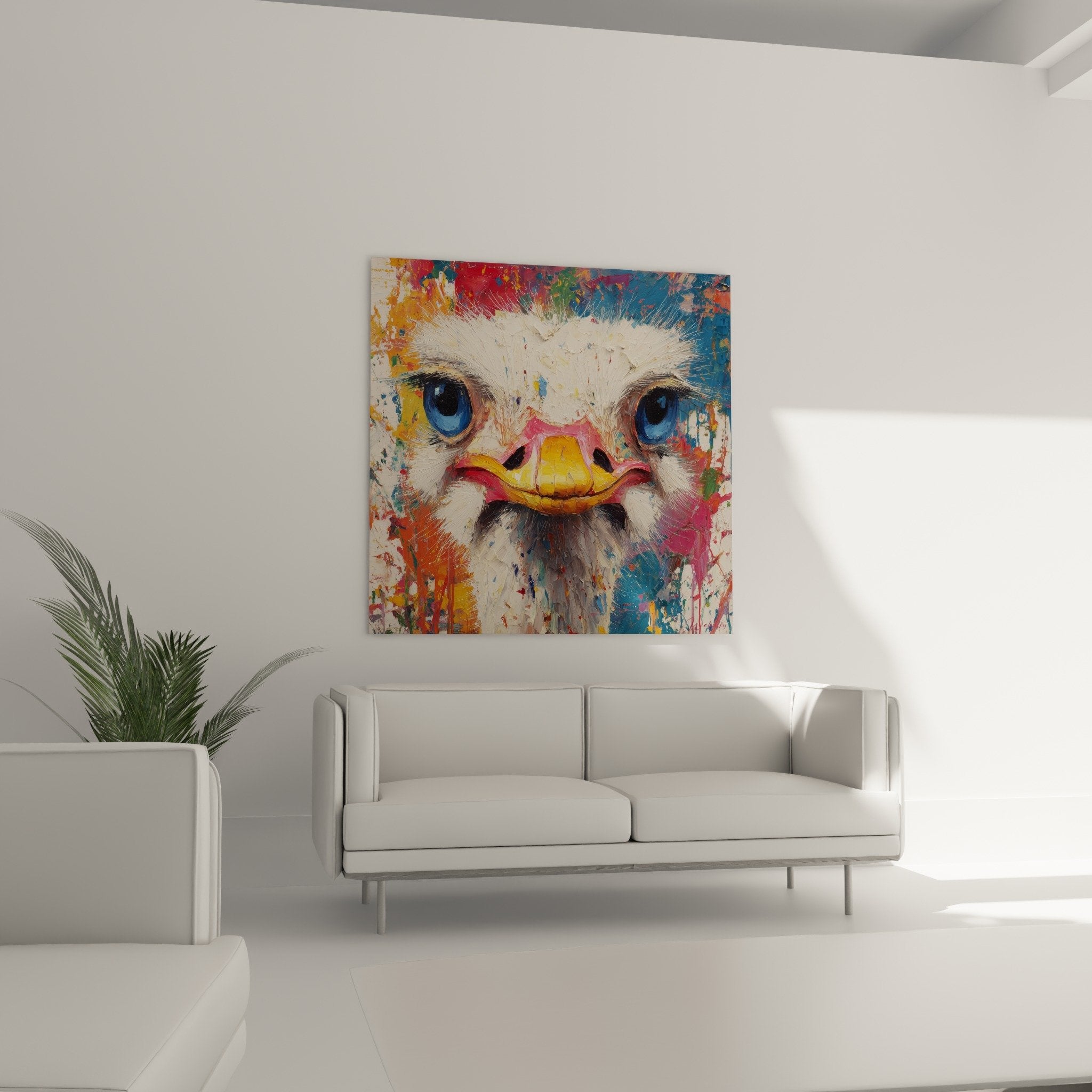 Gros plan tableau autruche plumage blanc yeux bleu cobalt bec orange details peinture realiste