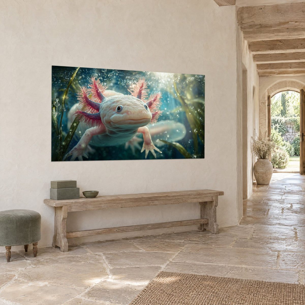 Wall art pale aquatic salamander with blue gaze, olive green seaweed and cyan reflections, stone wall of a country house