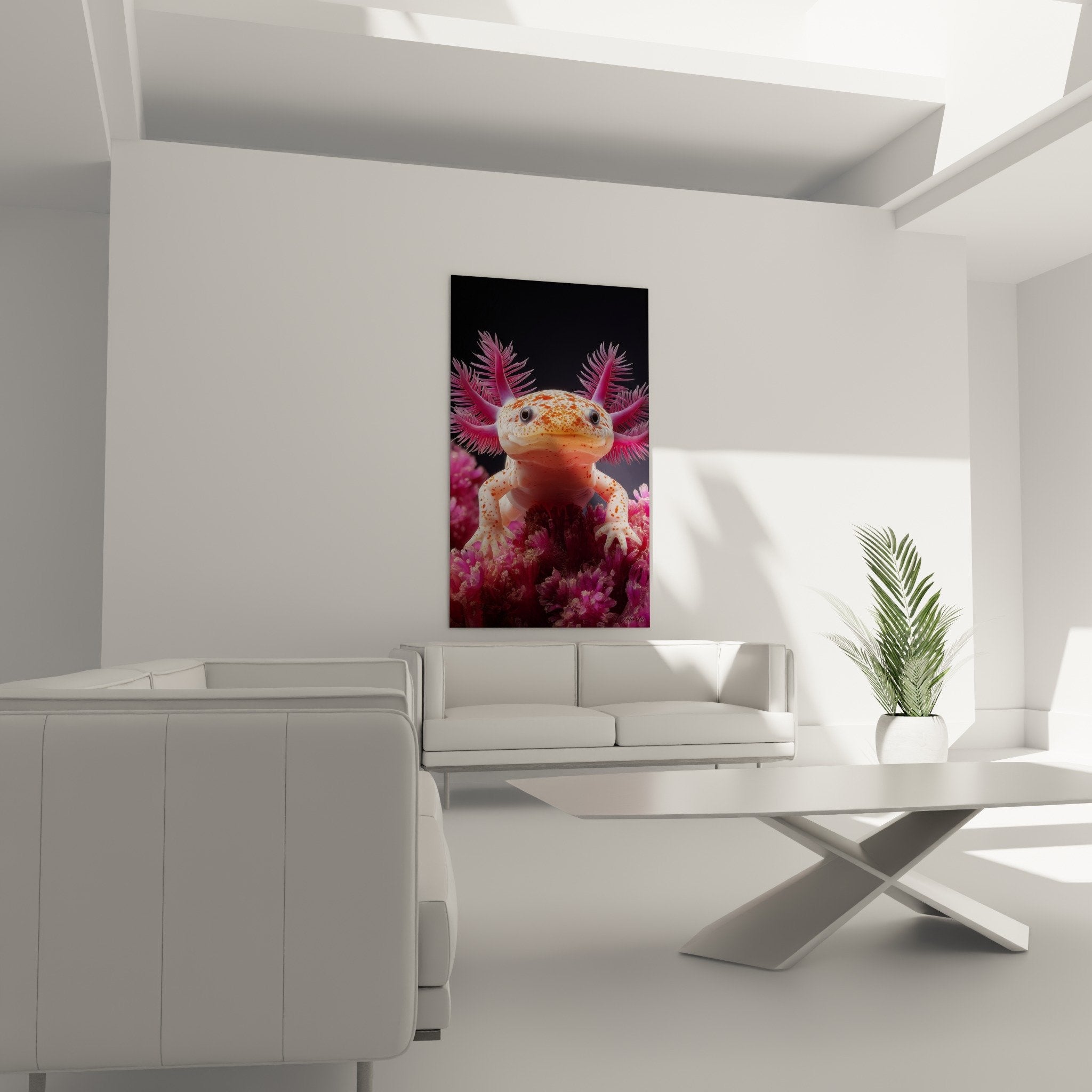 Gros plan sur axolotl rose tacheté orange avec branchies délicates et expression sereine