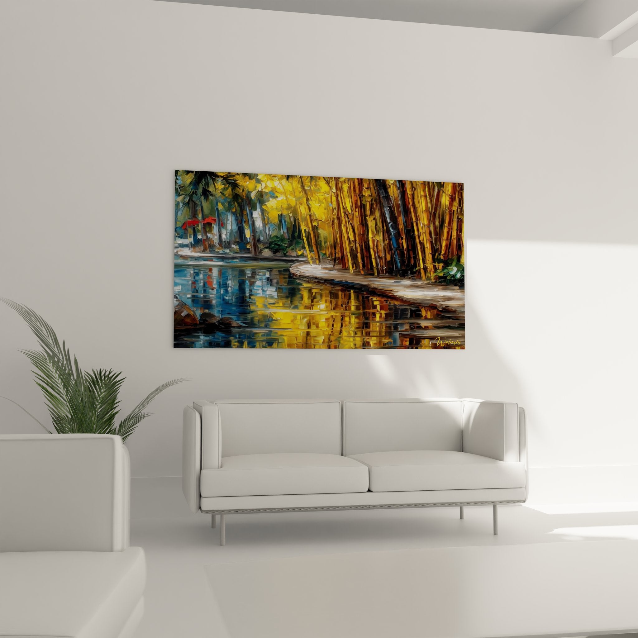 Gros plan tableau bambous dorés, détails peinture impressionniste avec reflets aquatiques chatoyants