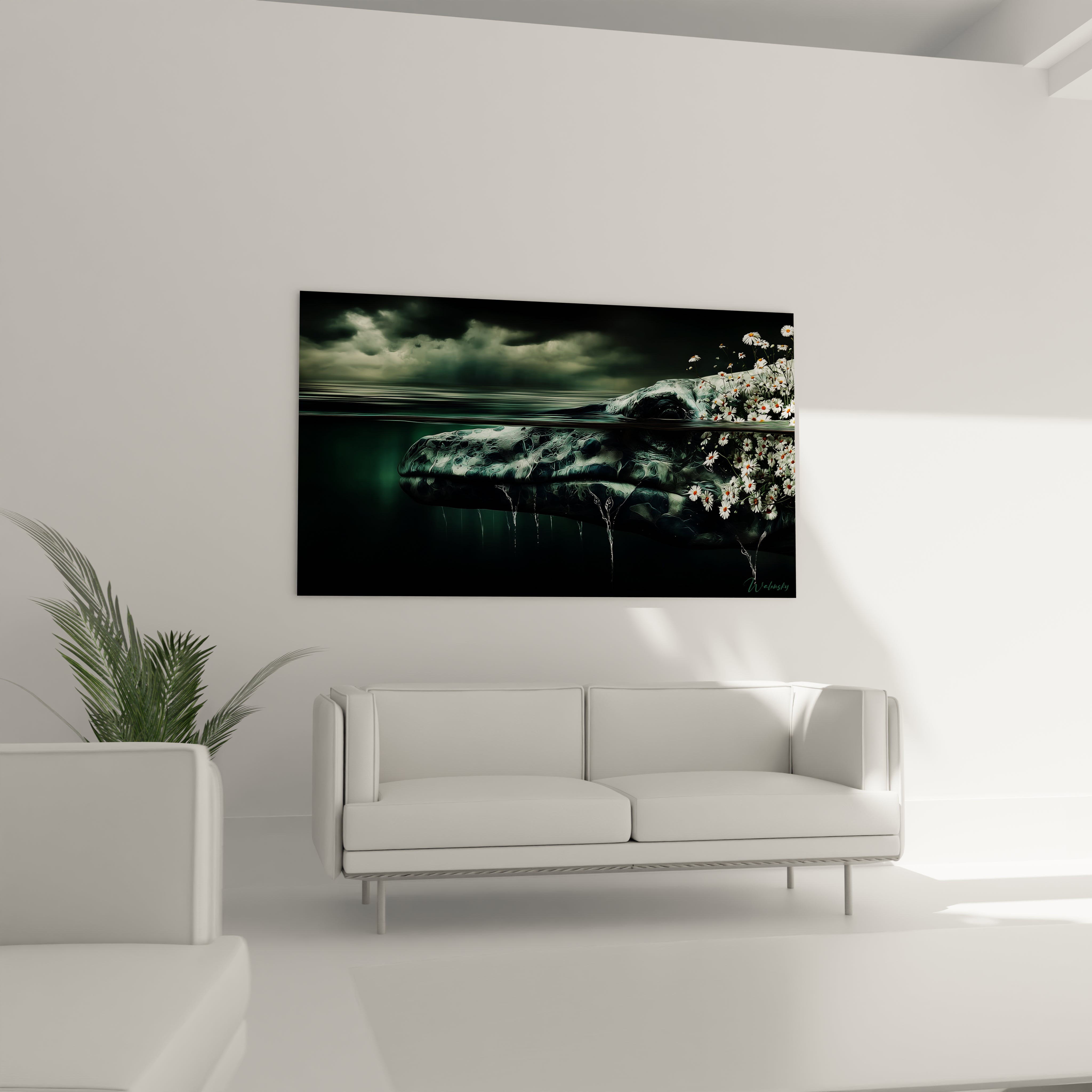 Gros plan tableau Basilosaurus renaissance aquatique détails marguerites créature marine