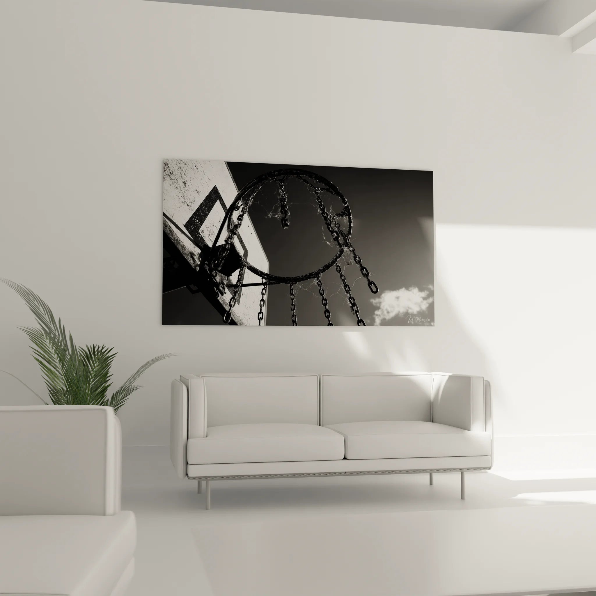 Gros plan tableau basketball chaînes métalliques panier urbain noir blanc détails texture street art