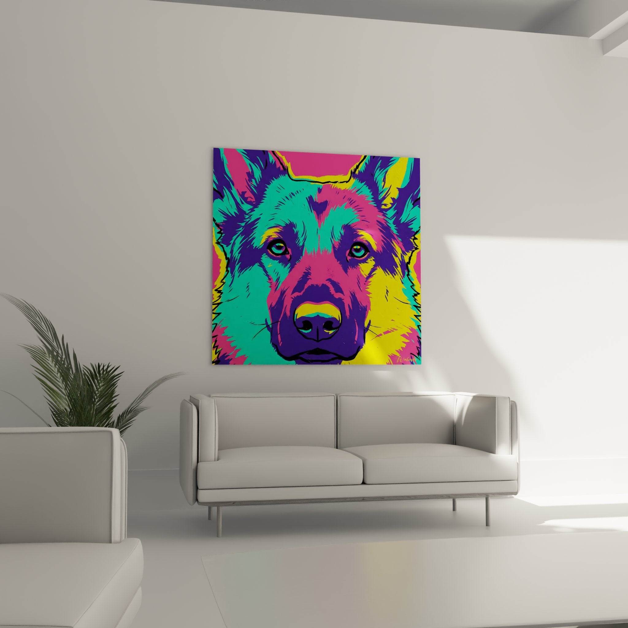 Nahaufnahme Porträt mehrfarbiger Deutscher Schäferhund türkisblaue Augen Neon-Pop-Art-Technik