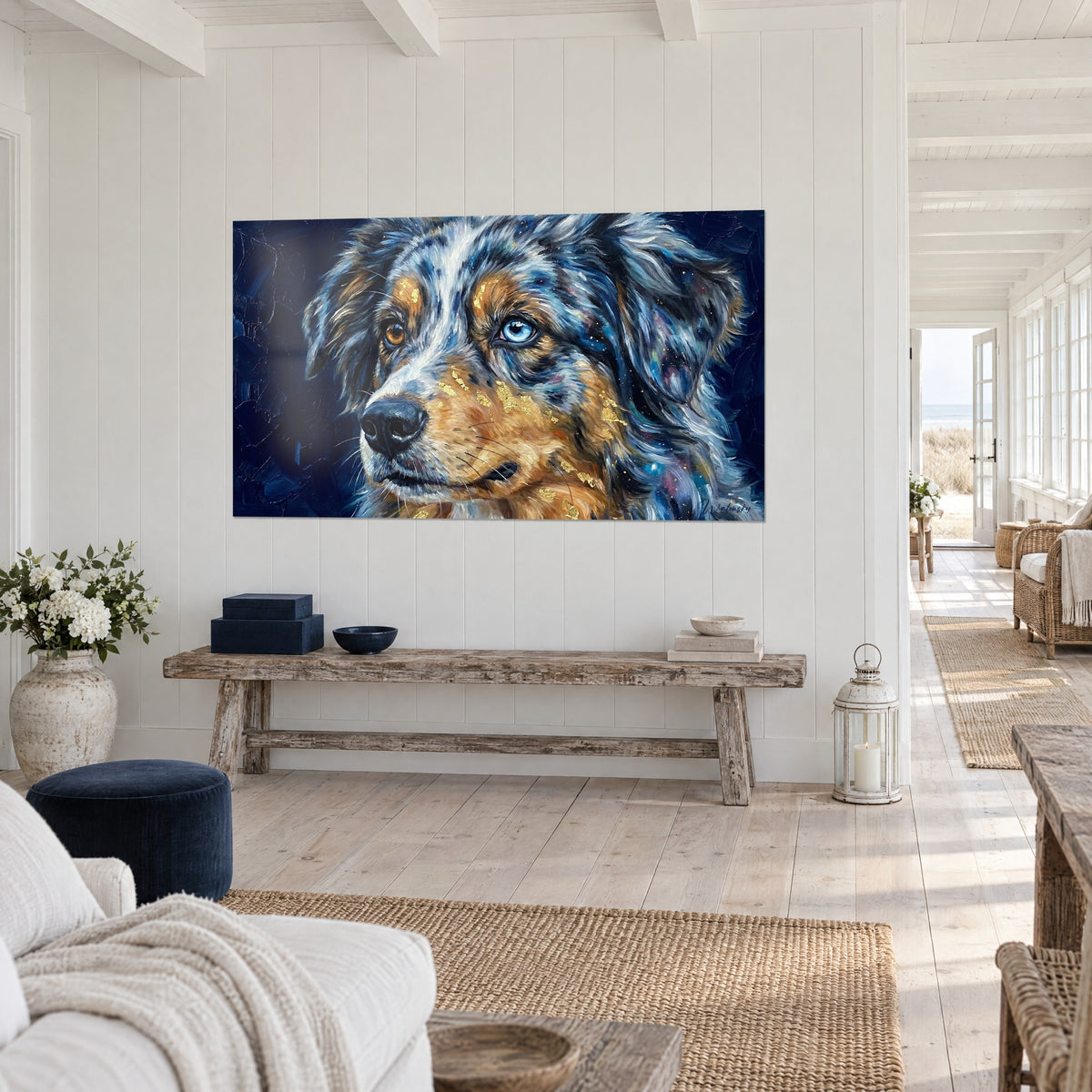 Wall art cosmic portrait of a dog with a coppery brown muzzle and midnight blue background, three-quarter view on a white wood-paneled wall