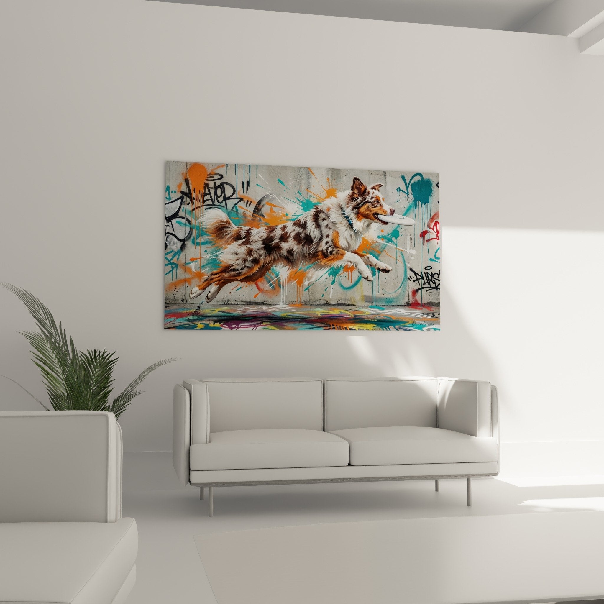 Nahaufnahme Gemälde Australian Shepherd Tricolor Spritzer Orange Türkis Urban Art