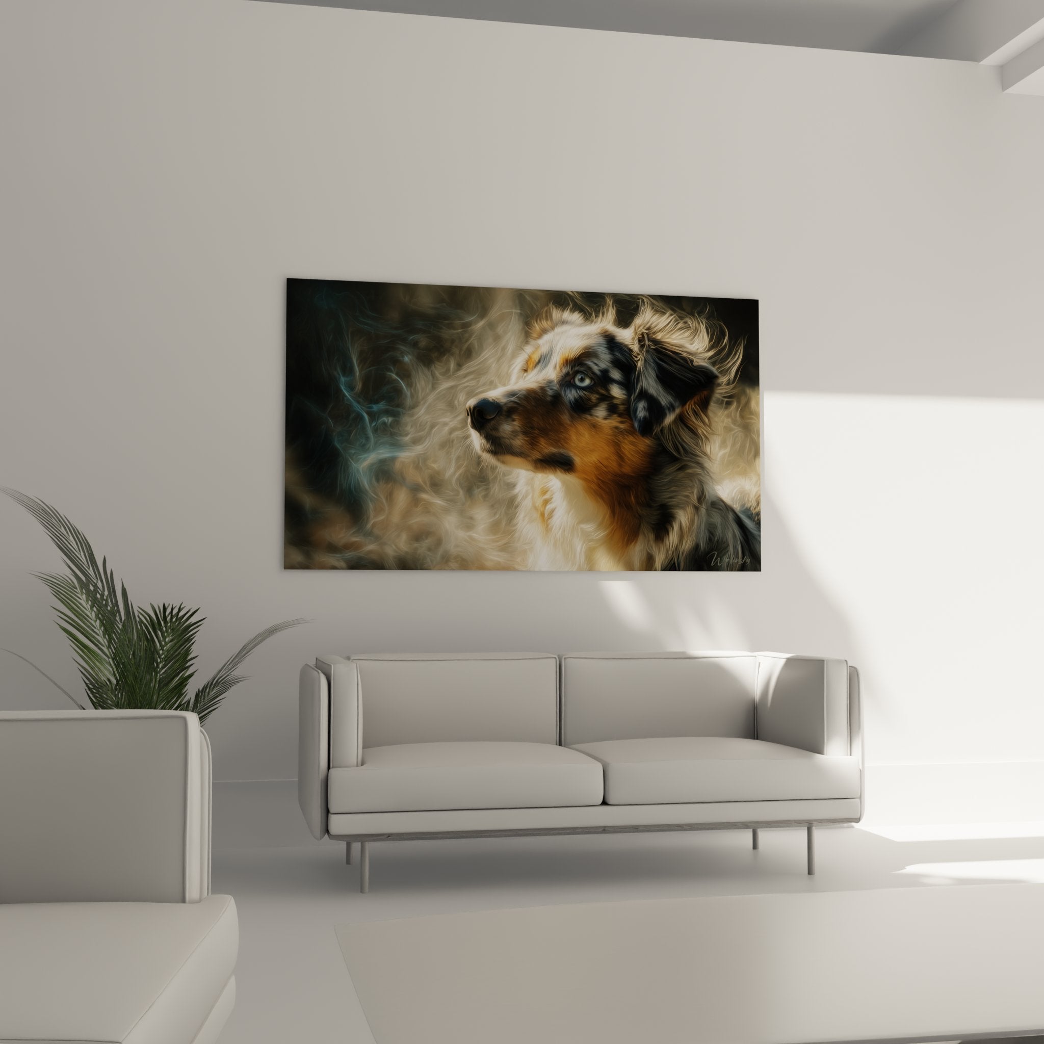 Close-up portrait Australian Shepherd with intense blue gaze, coat details and golden smoke artistic technique