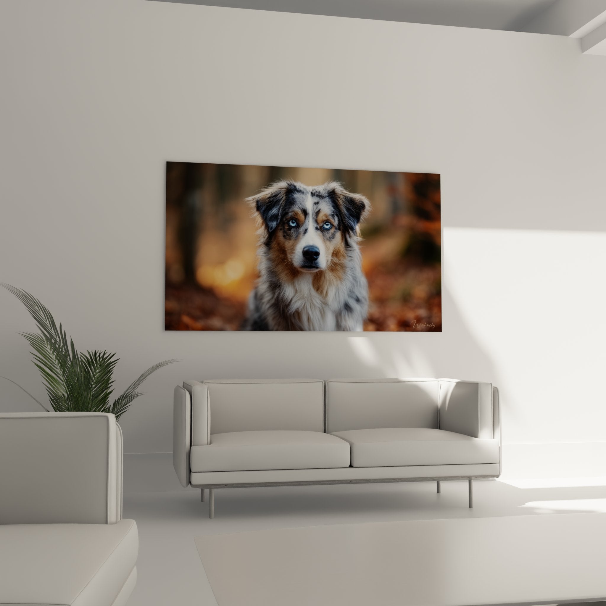 Nahaufnahme Australischer Schäferhund intensiver blauer Blick braun-kupfernes graumeliertes Fell Haarstruktur Details Wandbild