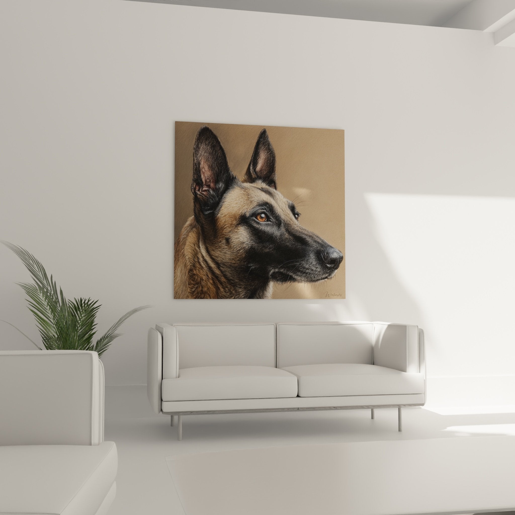 Nahaufnahme Porträt Belgischer Schäferhund Malinois Felldetails rehbraun Bernsteinaugen hyperrealistische Technik