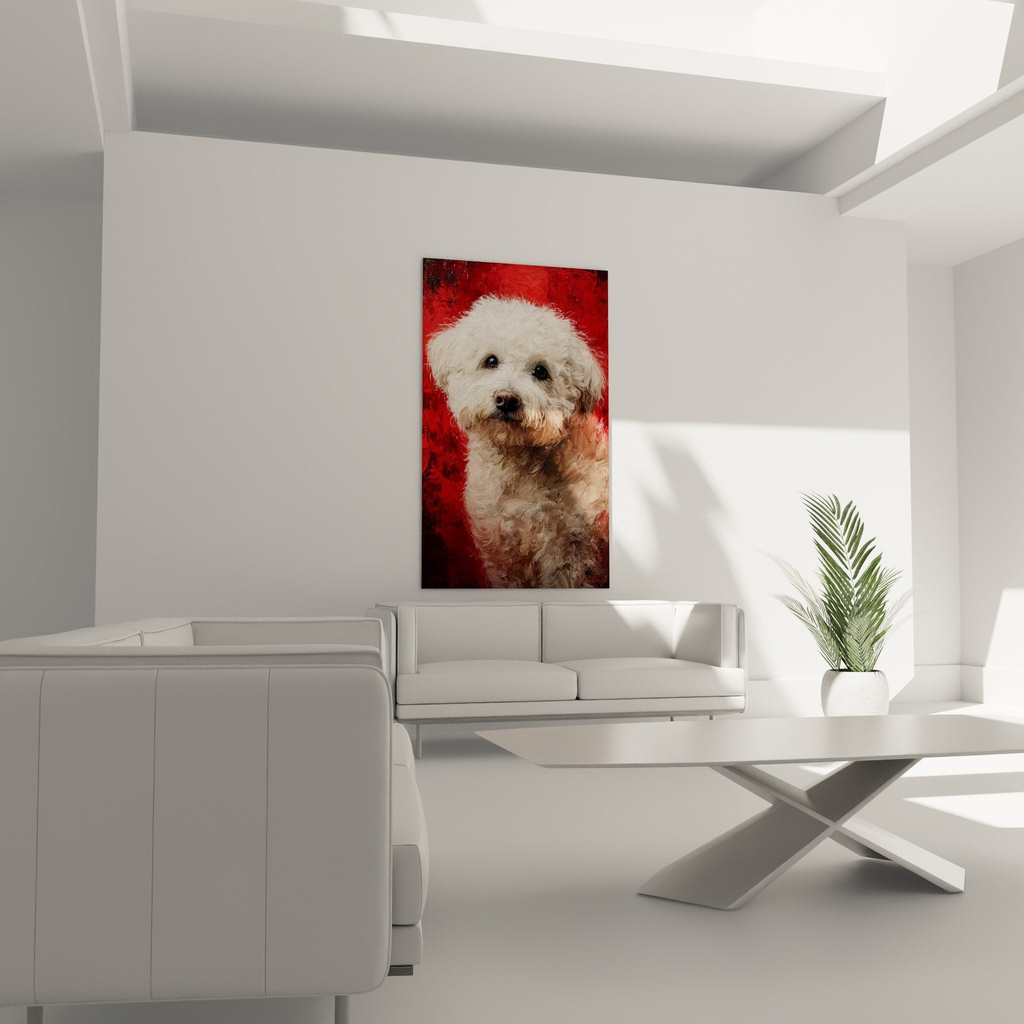 Gros plan portrait Bichon Havanais pelage boucle blanc creme yeux sombres truffe noire peinture realiste