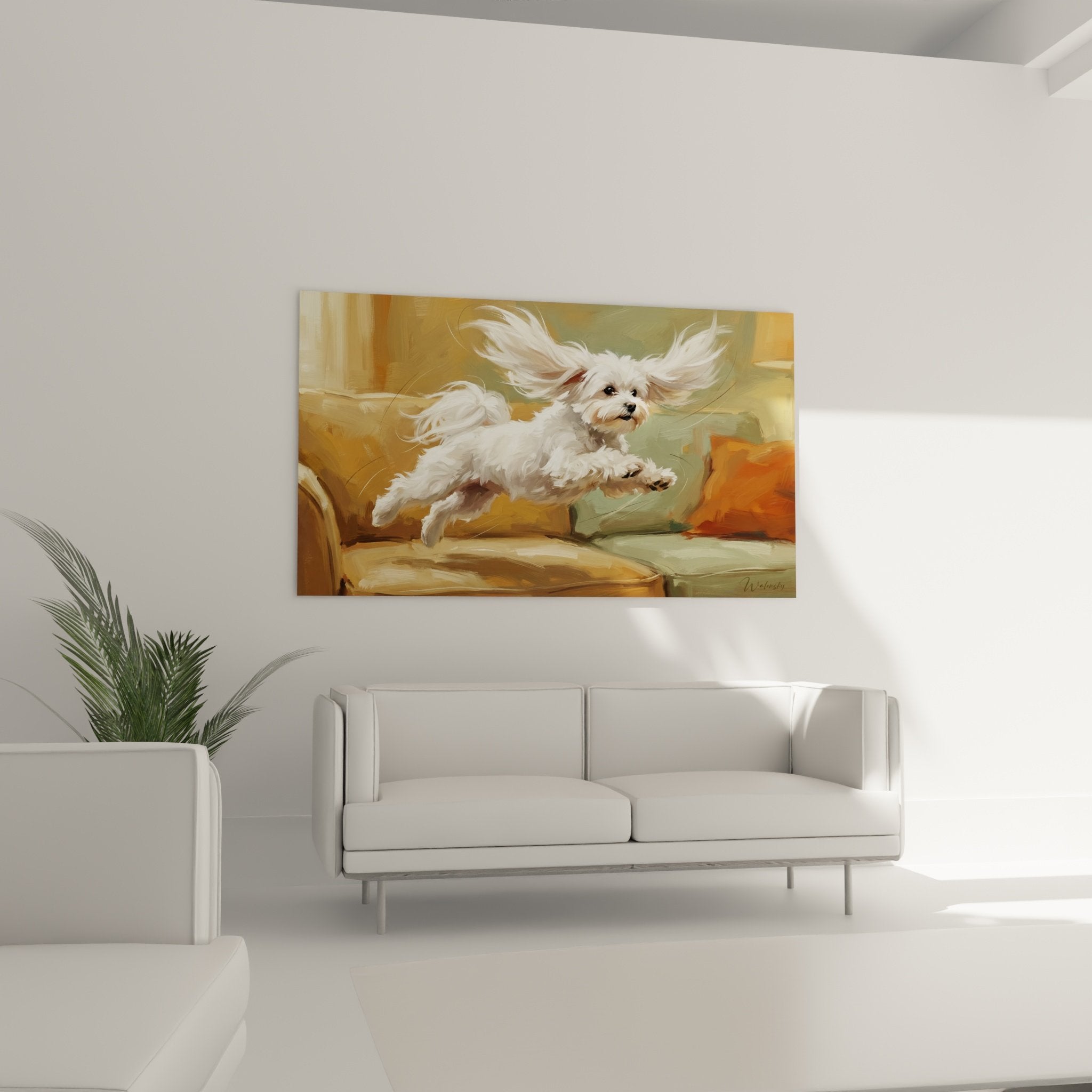 Nahaufnahme Gemälde Malteser Bichon weißes seidiges Fell in Bewegung expressionistische Malerei Details