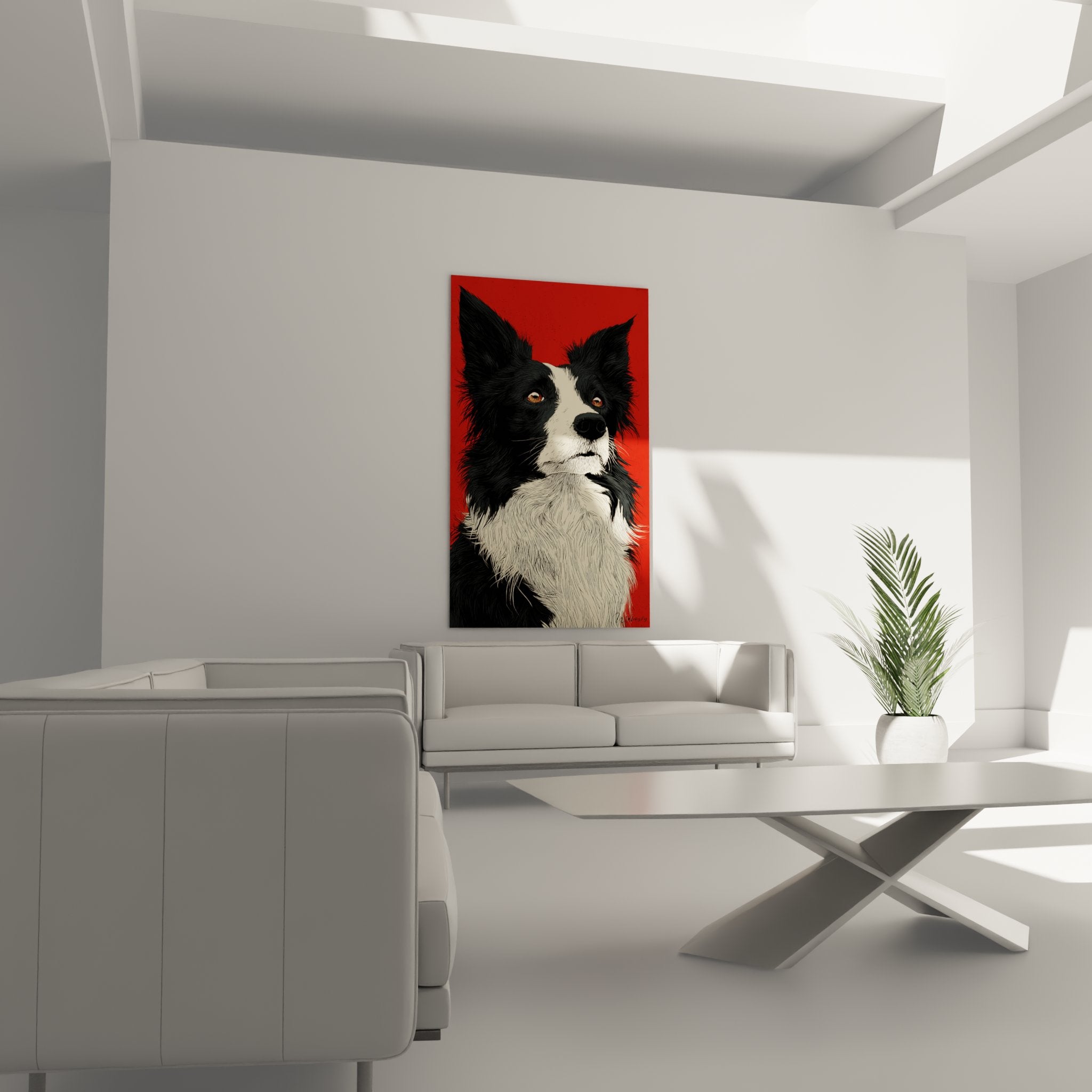 Gros plan tableau border collie yeux ambres pelage noir blanc details artistiques portrait chien