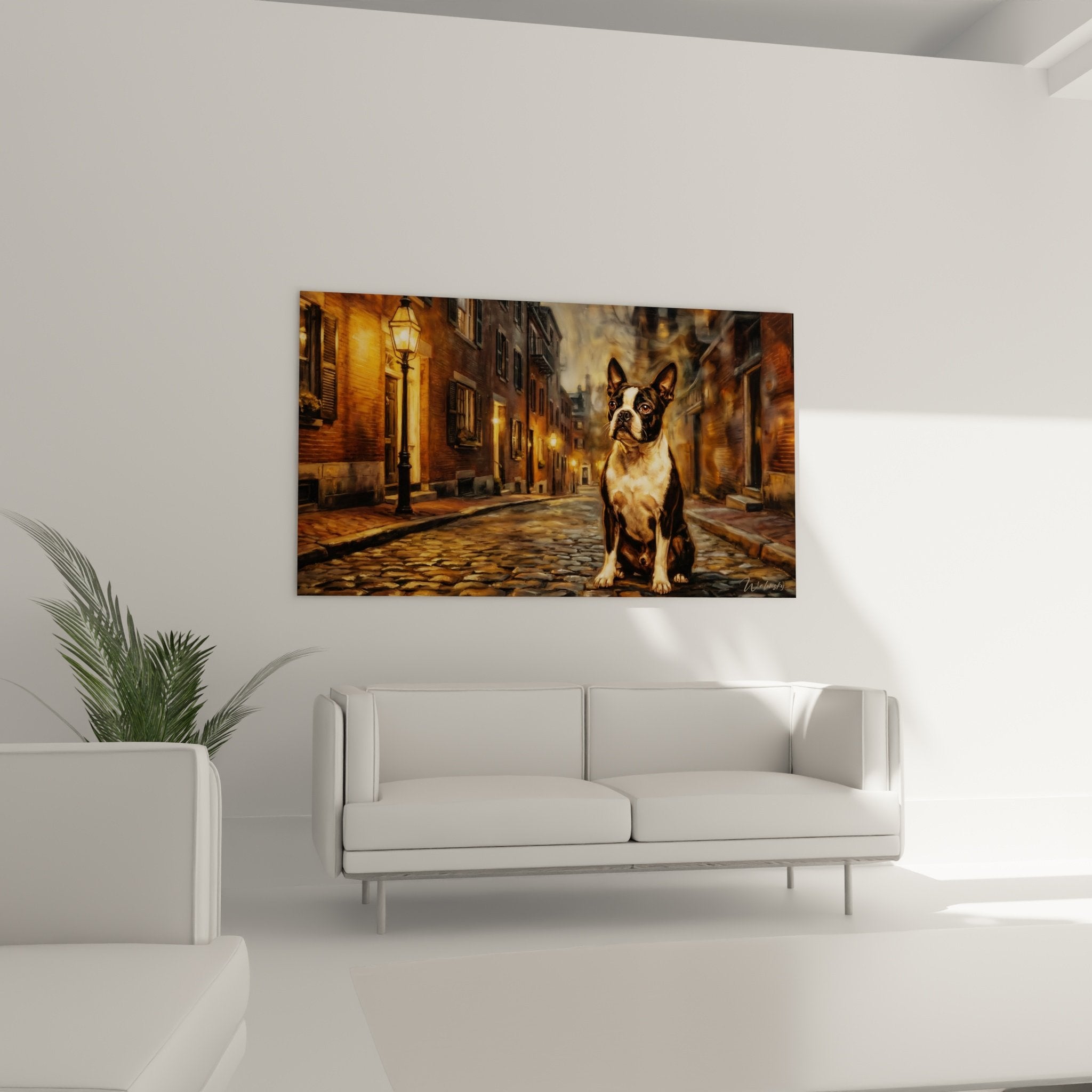Gros plan tableau Boston Terrier noir et blanc sur pavés avec détails architecture européenne et éclairage doré