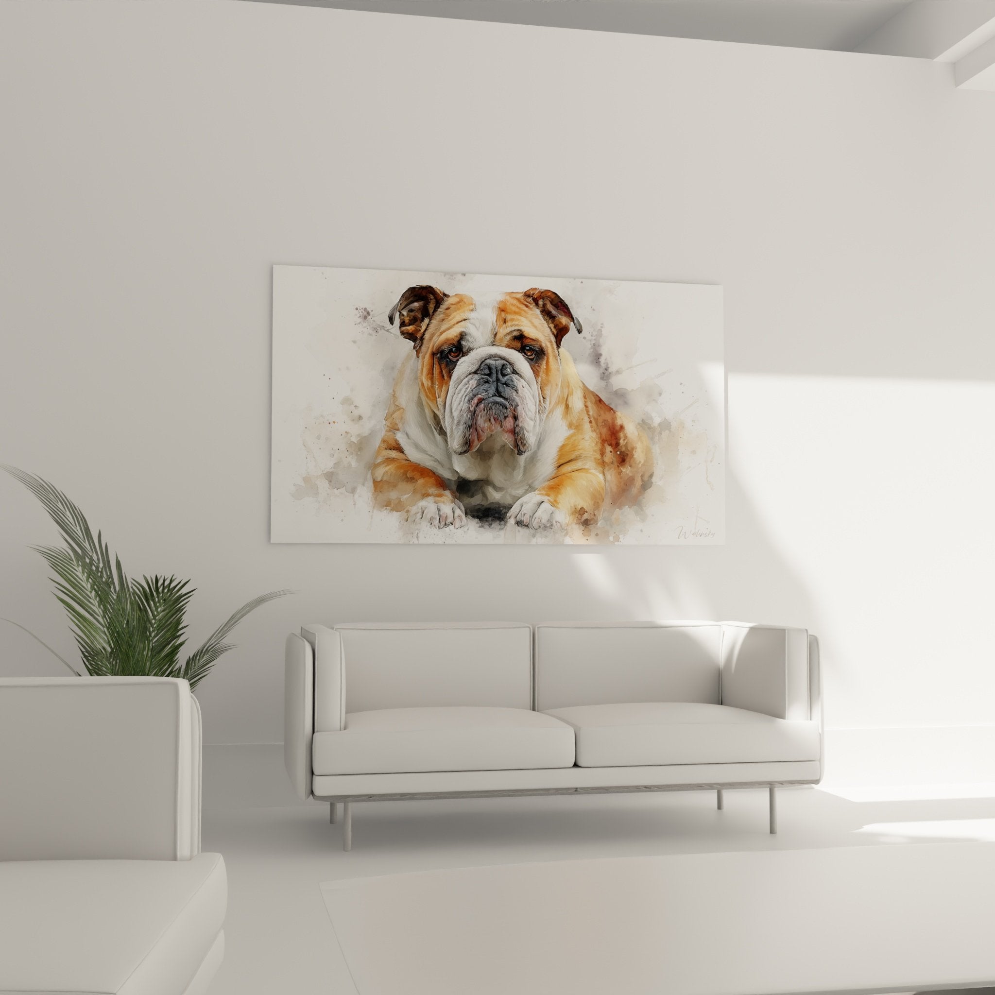 Gros plan tableau bouledogue anglais technique aquarelle details pelage fauve marques blanches expression douce