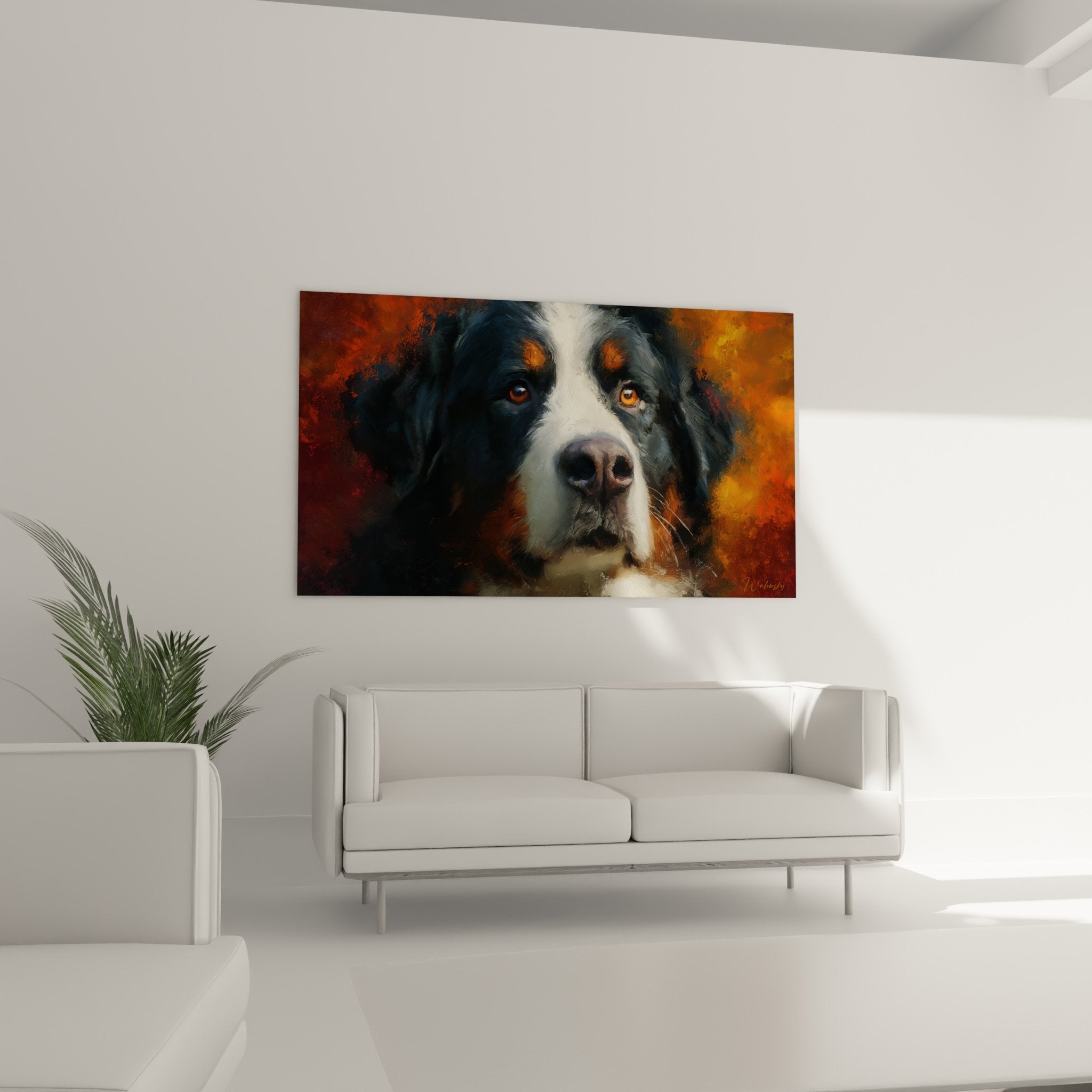 Close-up portrait Bernese Mountain Dog amber eyes tricolor coat painterly technique warm autumn tones expressive