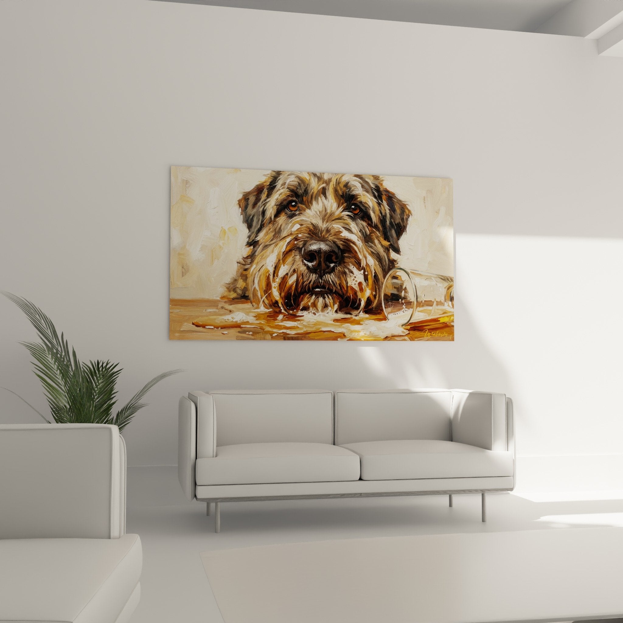 Primo piano quadro Bovaro delle Fiandre occhi ambra espressivi, pittura strutturata tonalità caramello e oro