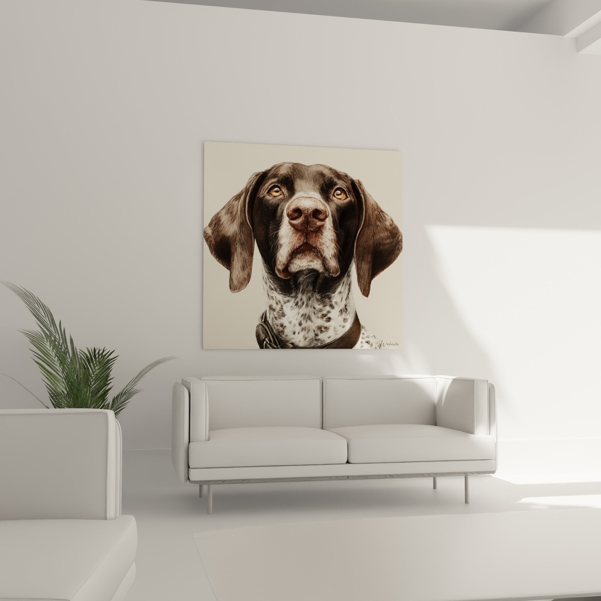 Gros plan portrait Braque Allemand yeux expressifs pelage brun blanc art animalier