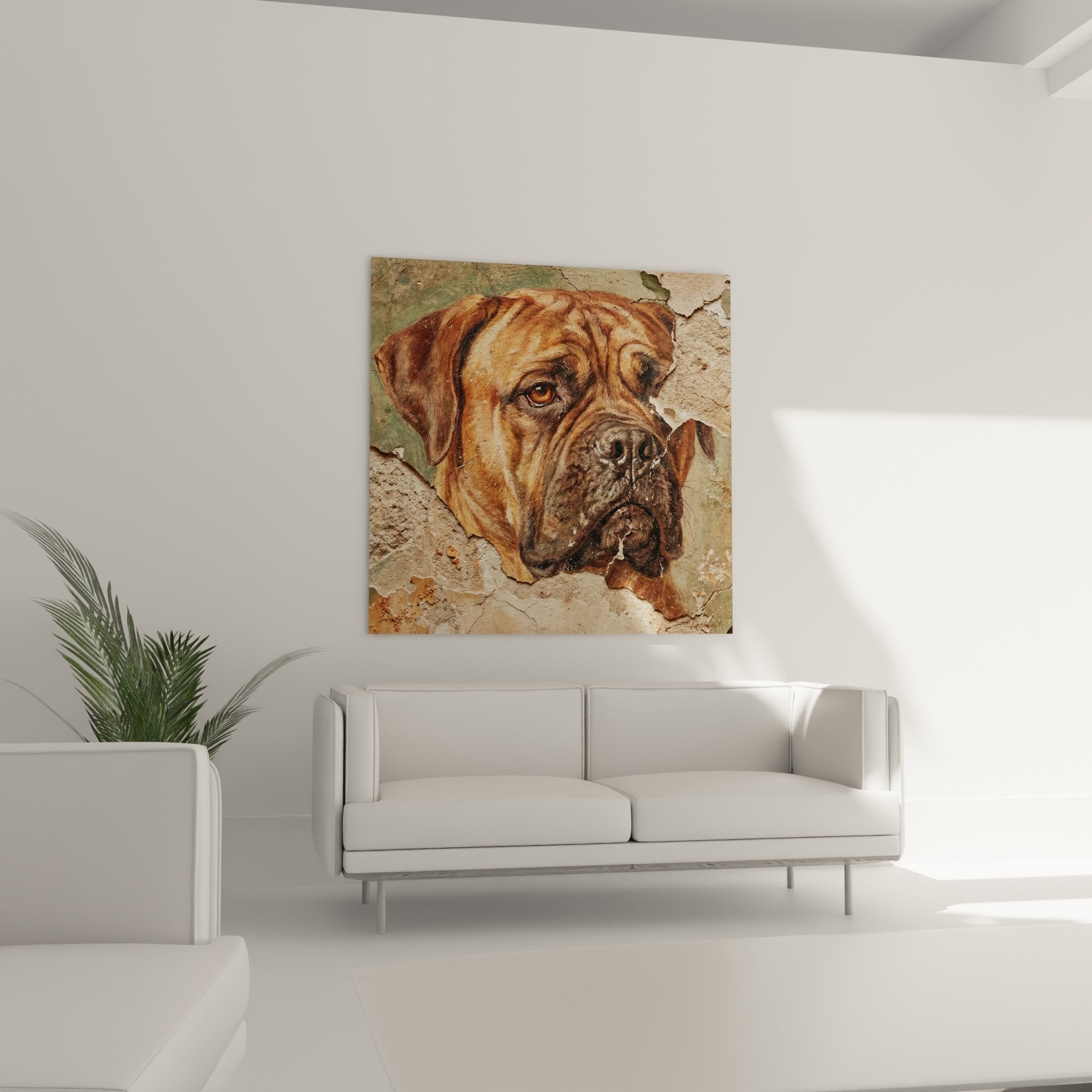 Gros plan portrait chien bullmastiff pelage roux details realistes yeux ambres expression touchante