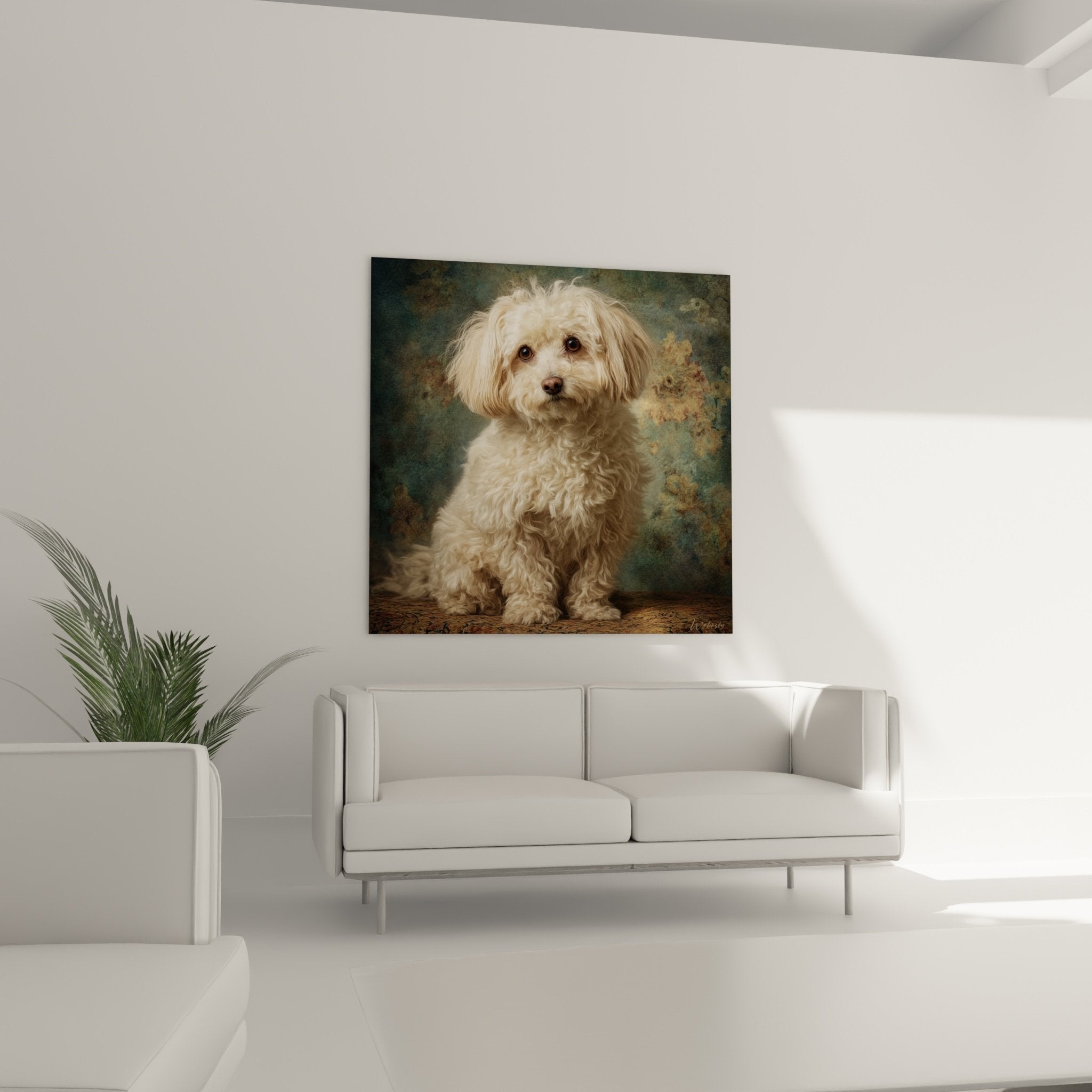 Gros plan caniche creme yeux noisette boucles detaillees texture pelage realiste